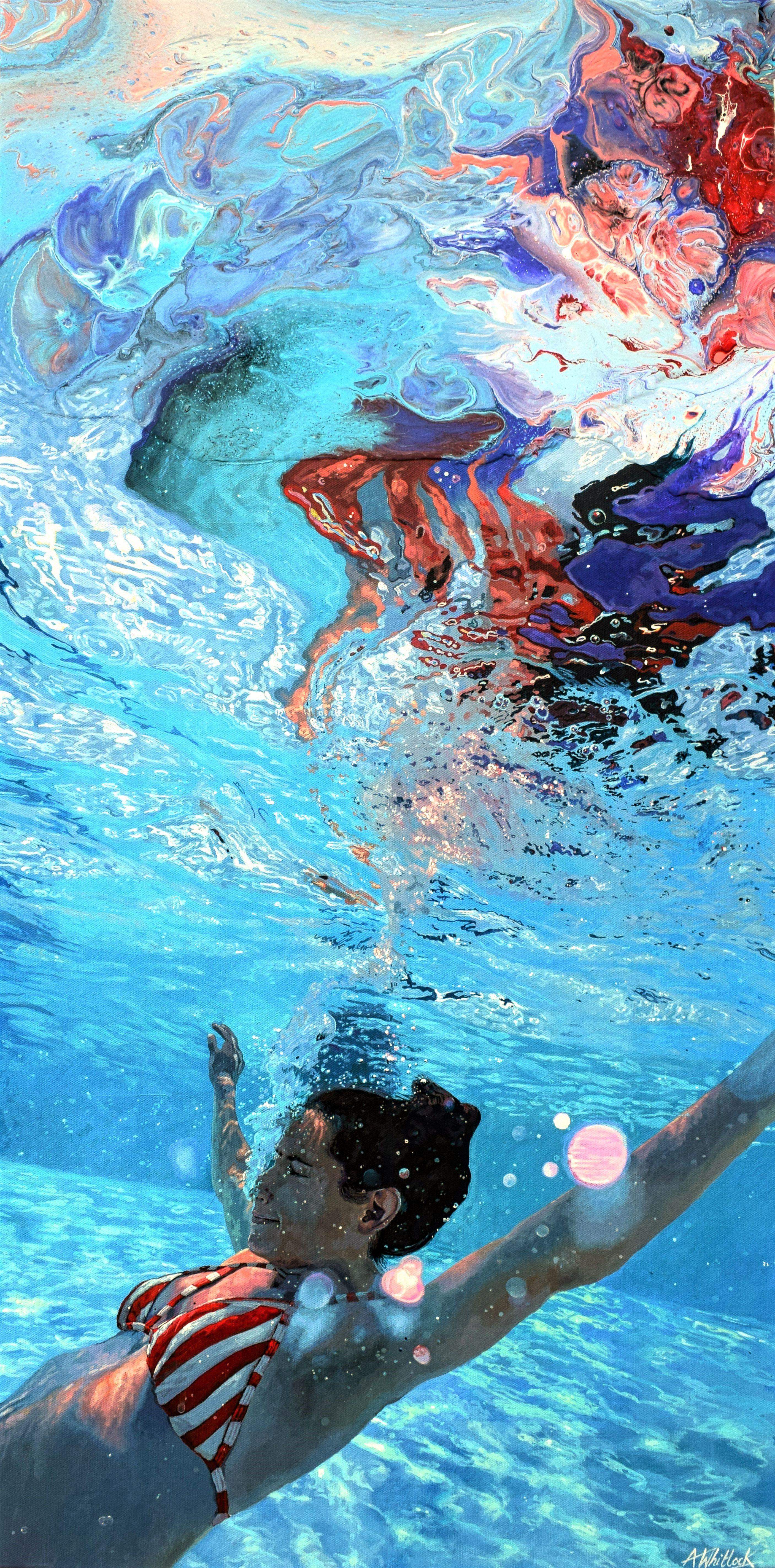 The swimmer sinks down into the water's cool embrace. Above the surface is a riot of intense colour, set a-shimmer with the glow of the late summer sun.    This work is painted on a gallery wrapped, deep edged canvas. The painting continues around