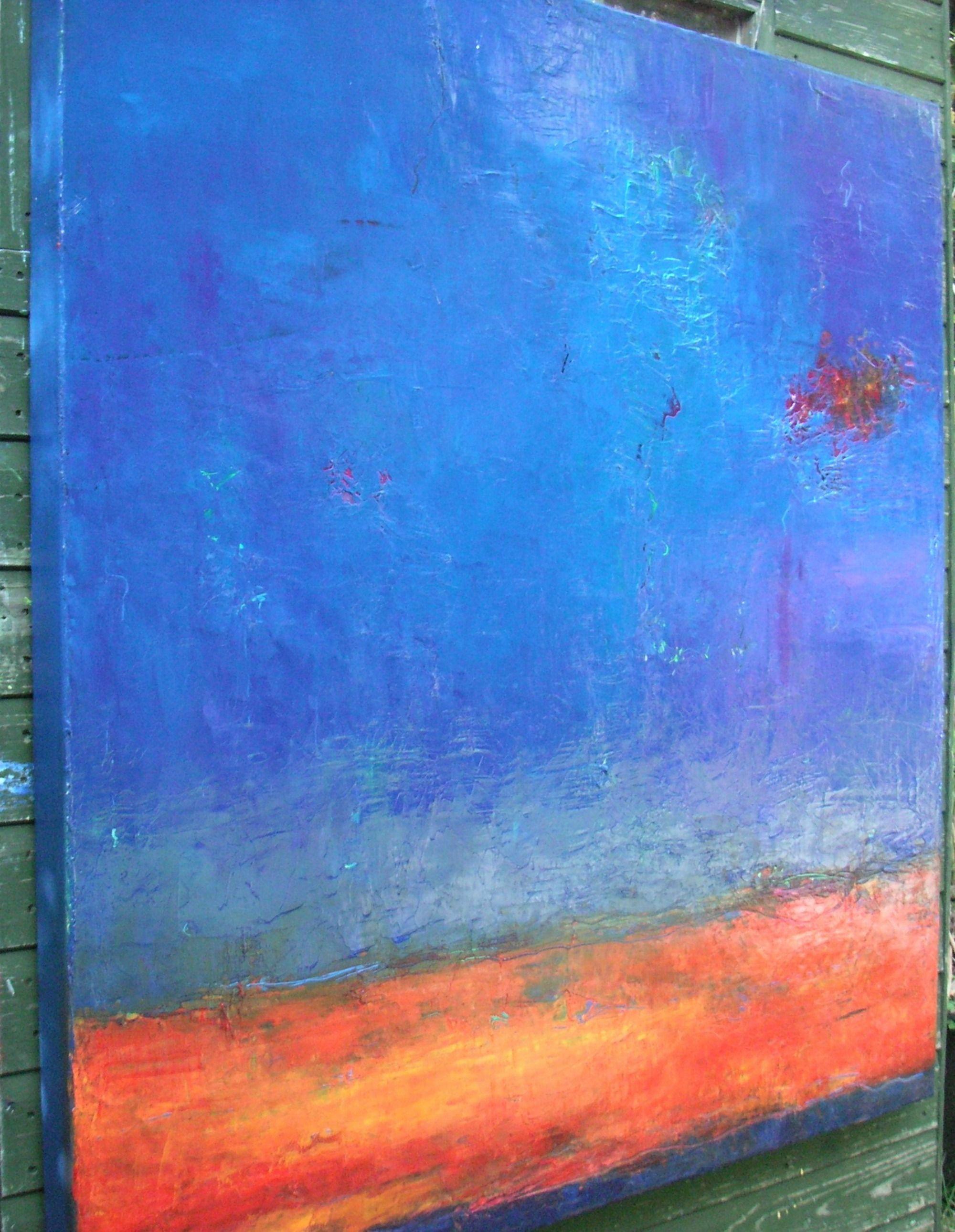 A large, multi layered oil painting with vivid blue and red hues. Inspired by a deep blue sky witnessed from my window. The painting has been built over many layers of oil paint with various degrees of opacity and transparency. Paint has been