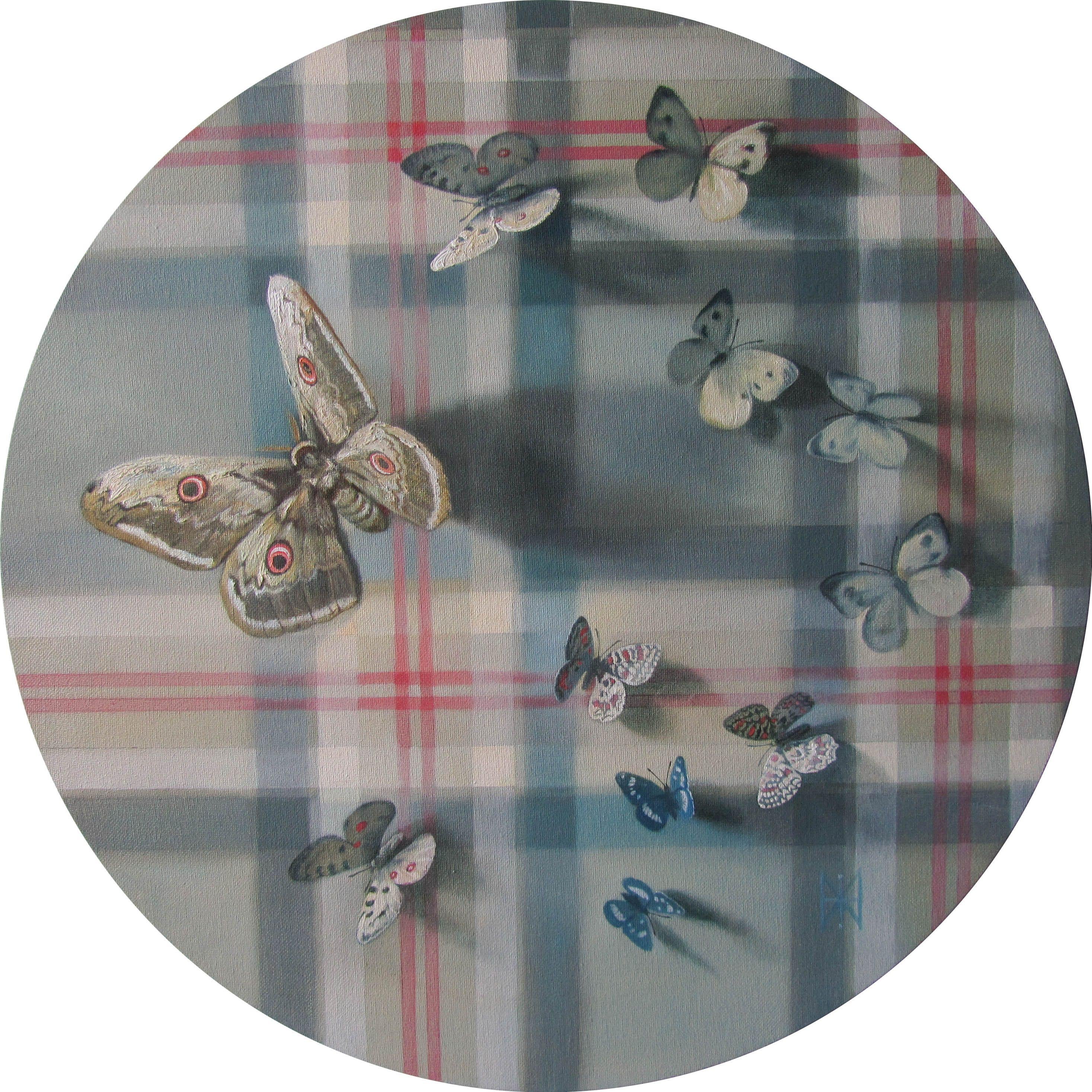 Butterflies on tartan is the round picture on the pattern like the Burberry one. Its diameter is 19.7 inches. This is the first picture from a series of round pictures with butterflies. The color scheme in which the paintings are made is chosen in