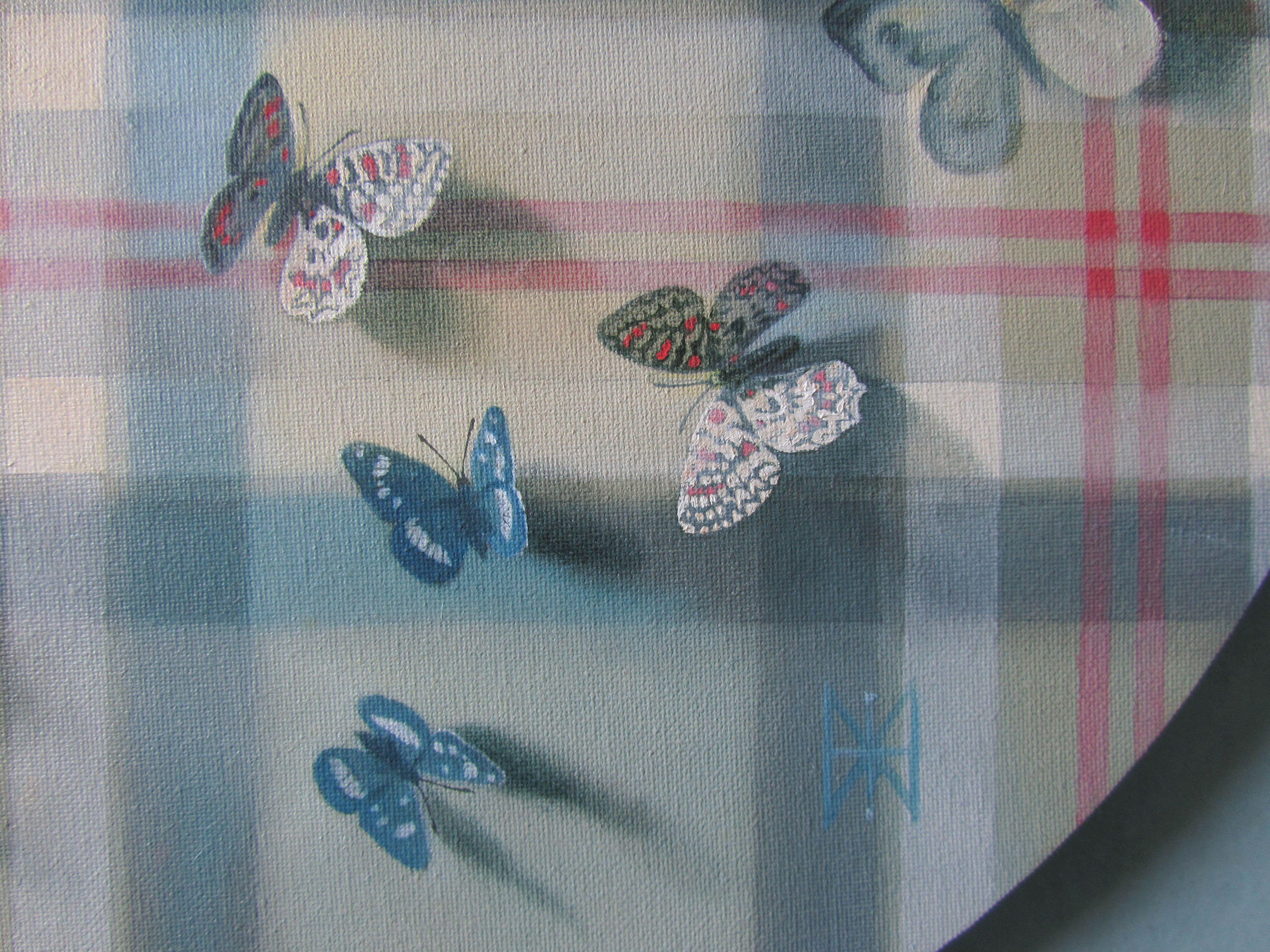 Butterflies on tartan pattern, Painting, Oil on Canvas 2