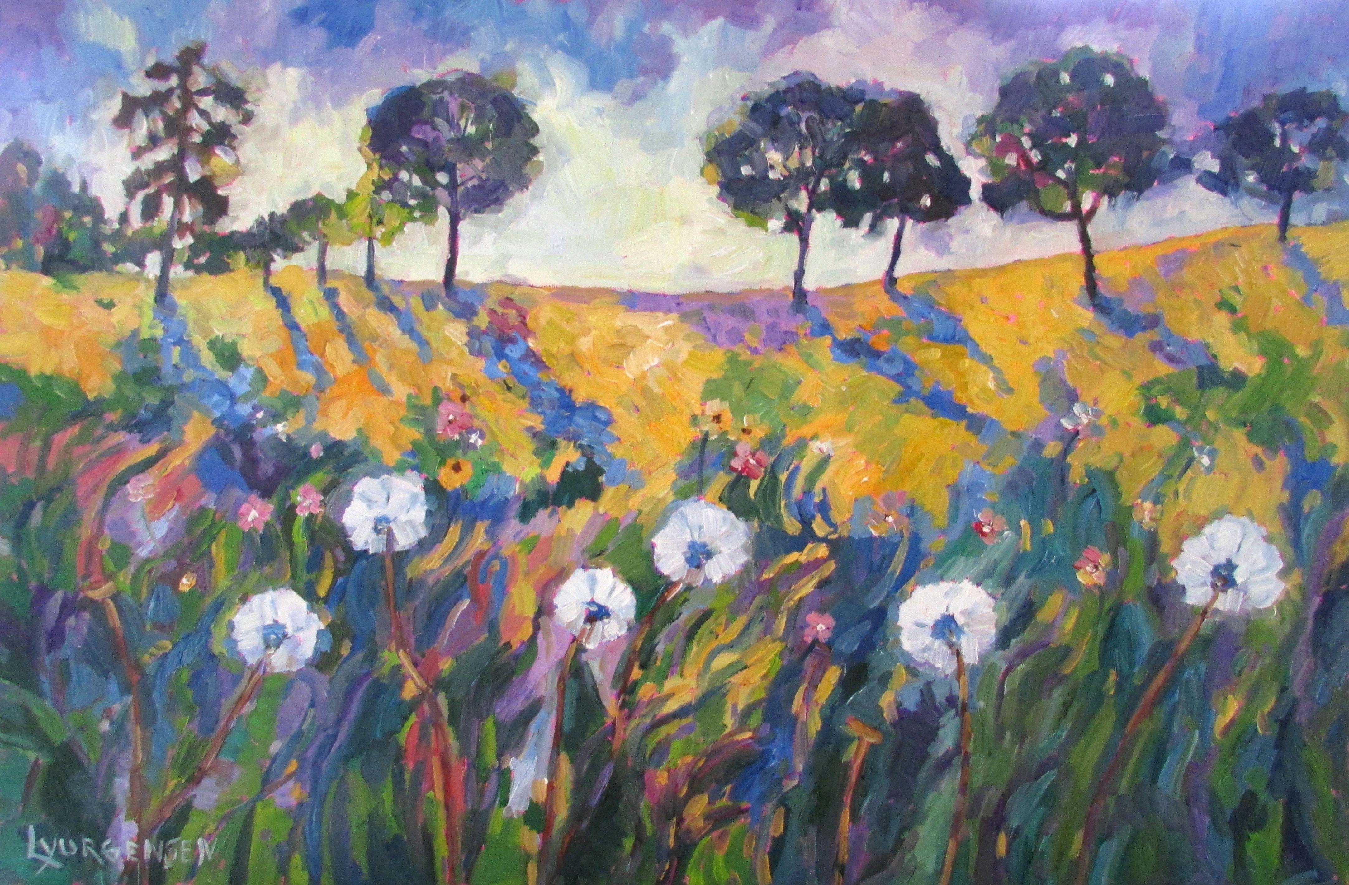 The dandelions are blowing in the wind in this colorful field.  The painting is textural and vibrant and the sides of the gallery wrapped canvas have been painted to allow for hanging without a frame. :: Painting :: Impressionist :: This piece comes