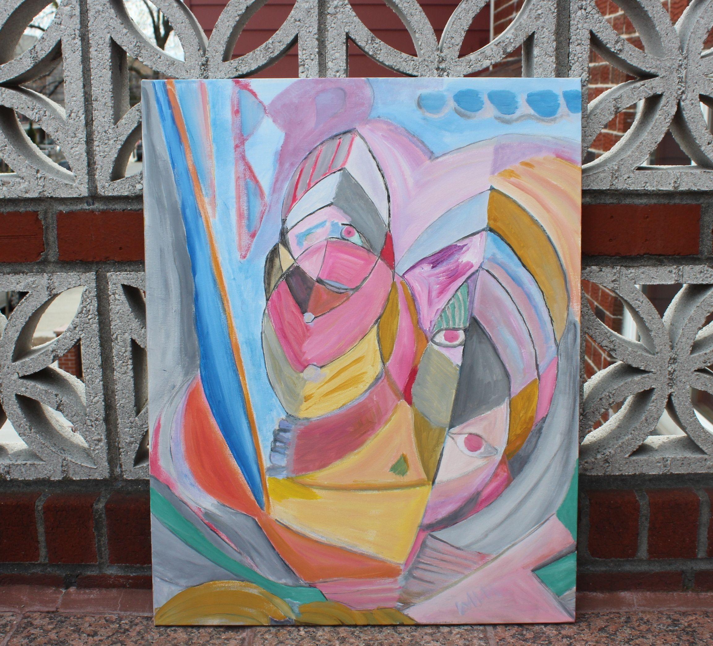 This is a a modernist, call it neo-cubist, if you wish, painting. It depicts two women and a child,   not of course realistically, but in natural geometric forms. :: Painting :: Modern :: This piece comes with an official certificate of authenticity