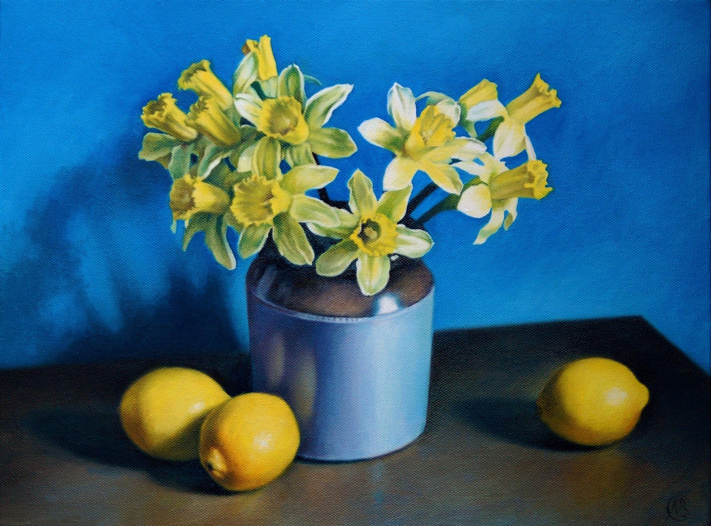 Narcisi e limoni, Pittura, Olio su tela - Painting di Natalia Beccher