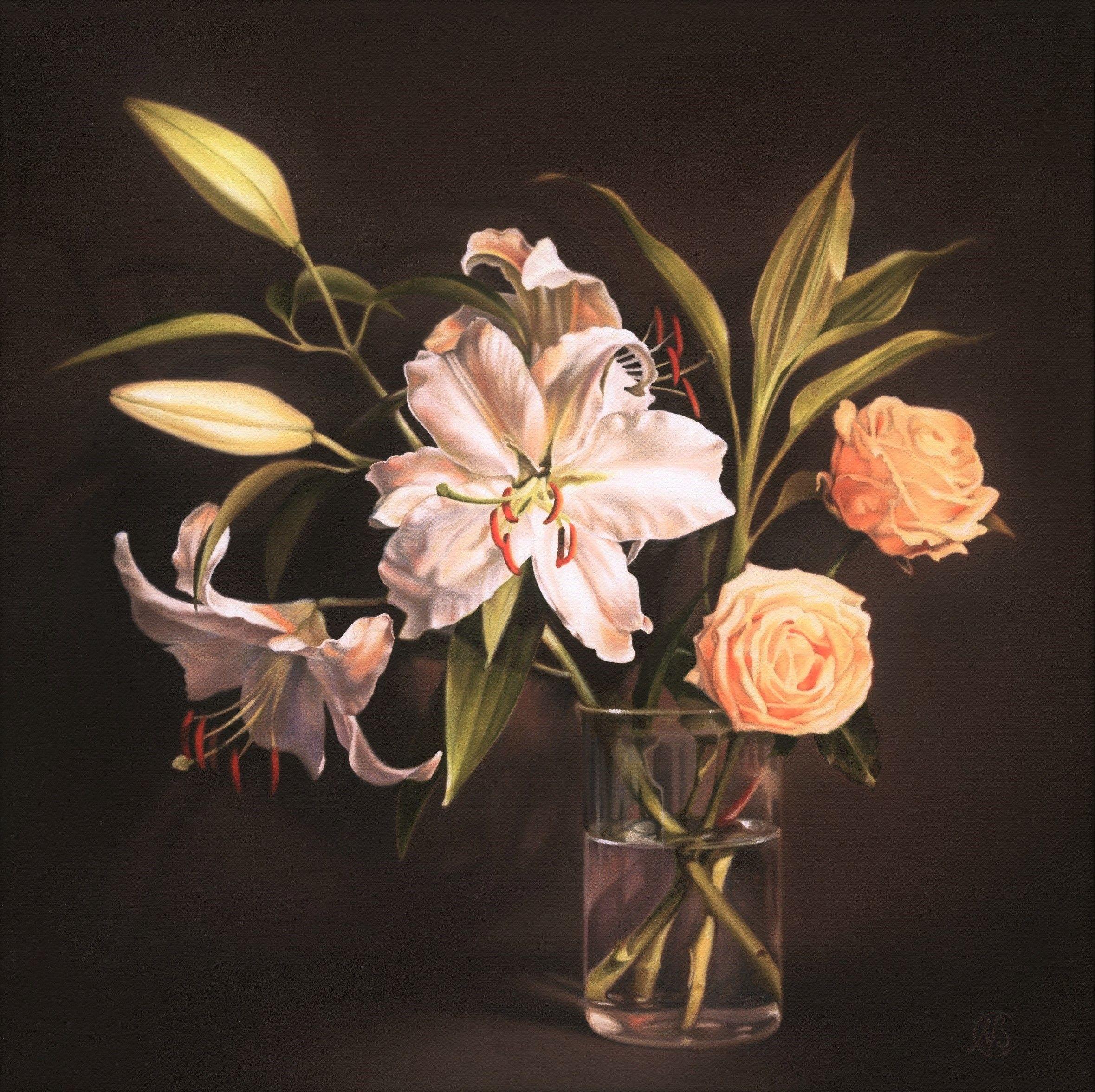 The Lilies and Roses donΓÇÖt compete in beauty but complement each other to create a charming bouquet symbolizing purity, gracefulness and love.   This artwork continues round the sides and may be hung unframed. :: Painting :: Realism :: This piece