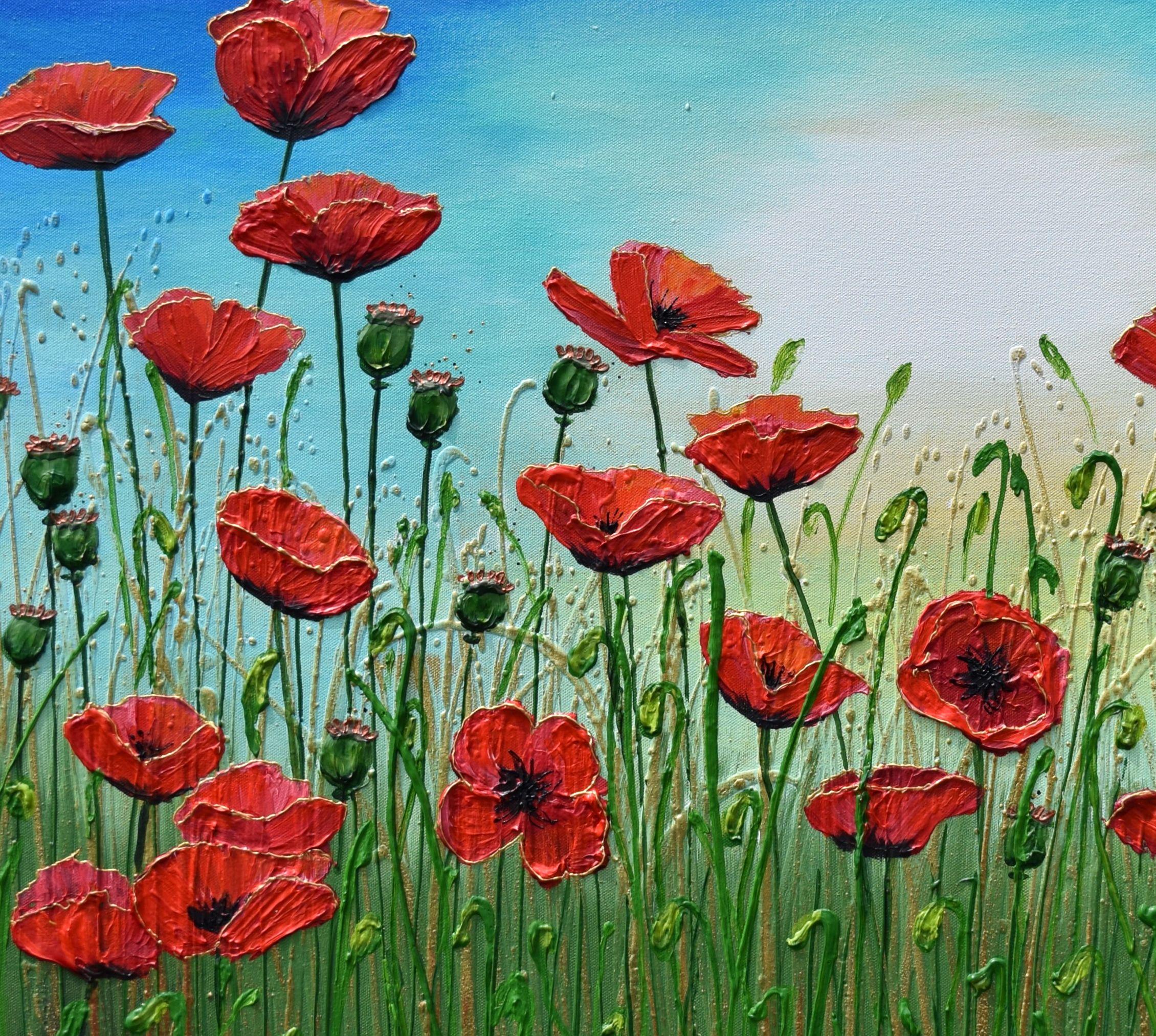 Peinture originale de fleurs de coquelicots rouges. Plein de texture.    Peint sur une toile de coton de première qualité à bords profonds  PRÊT PRÊT PRÊT À ACCROCHER  39x32