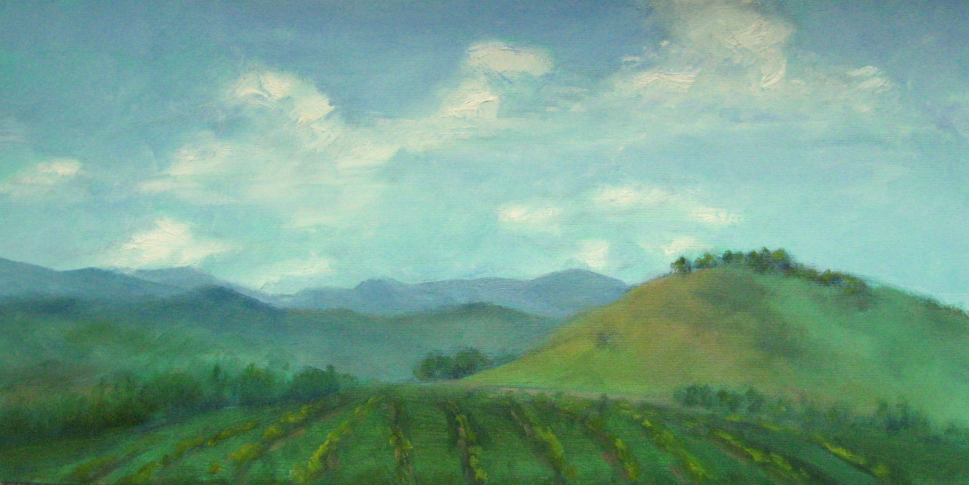 Oil on stretched canvas. Lovely pastoral scene of one of the local winery's in Southern Oregon, painted en plein air :: Painting :: Impressionist :: This piece comes with an official certificate of authenticity signed by the artist :: Ready to Hang: