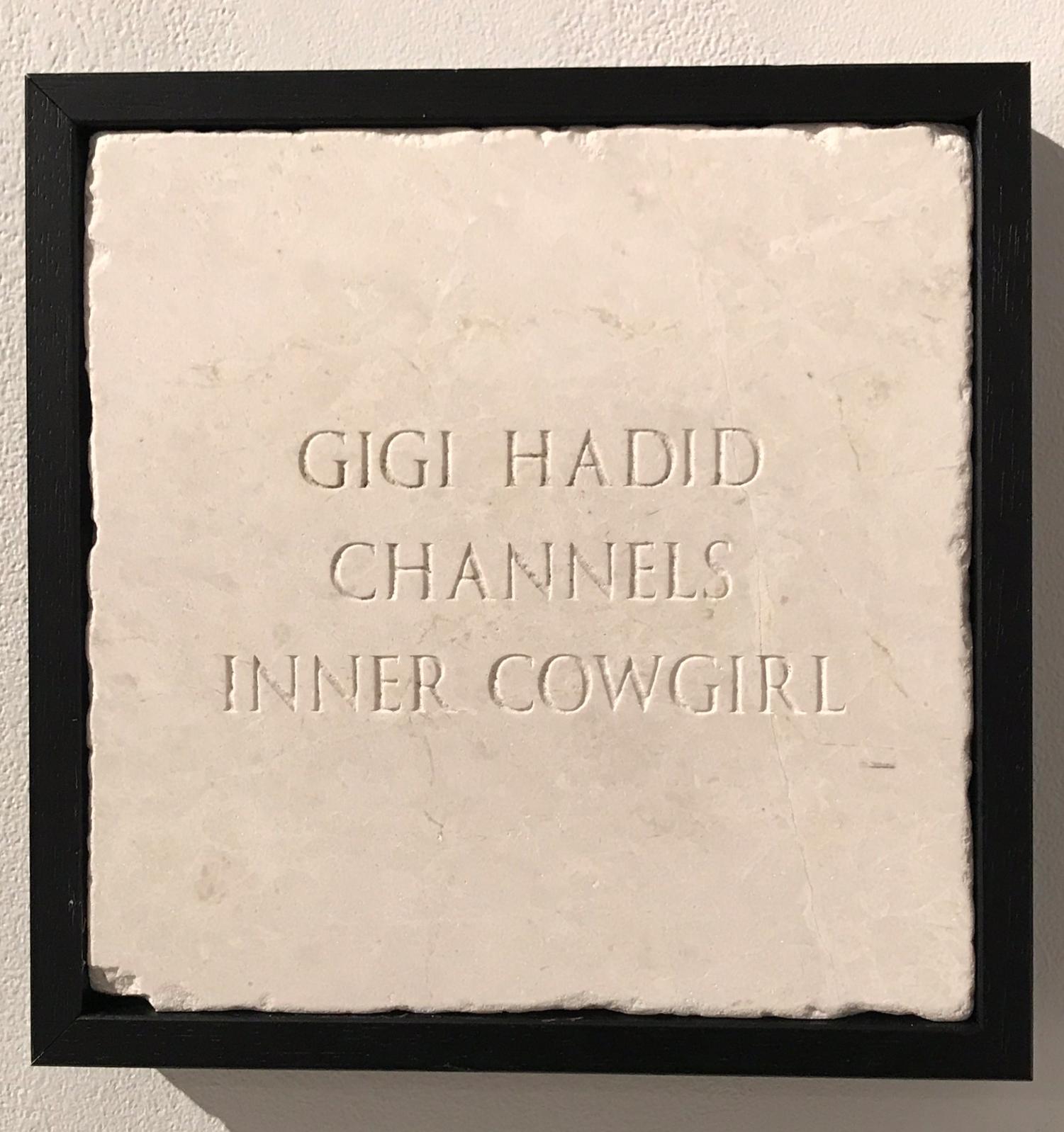 Sarah Maple Figurative Sculpture – Gigi Hadid Channels Inner Cowgirl, Sculpture, Marble, Engraved, Signed, Framed