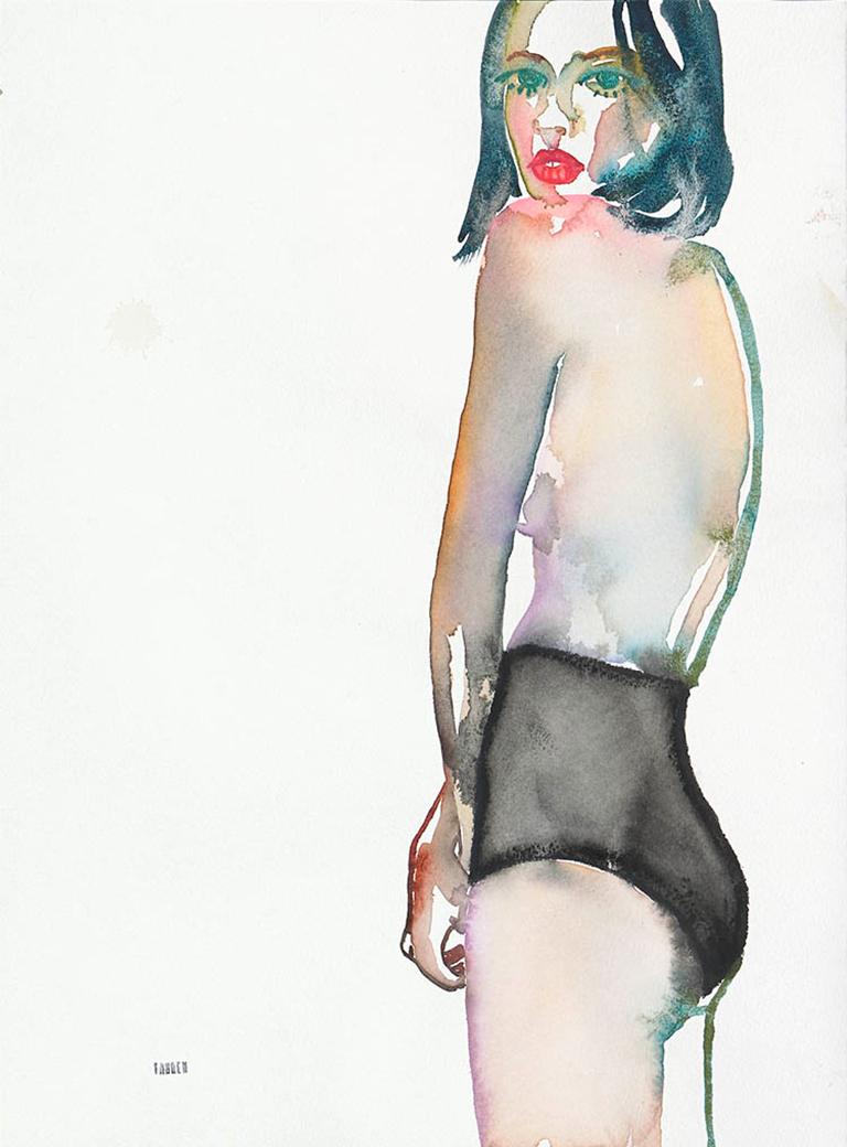 Eyes Too Big For Tomorrow, Watercolor, Figurative, Nude, Signed – Art von Fahren Feingold