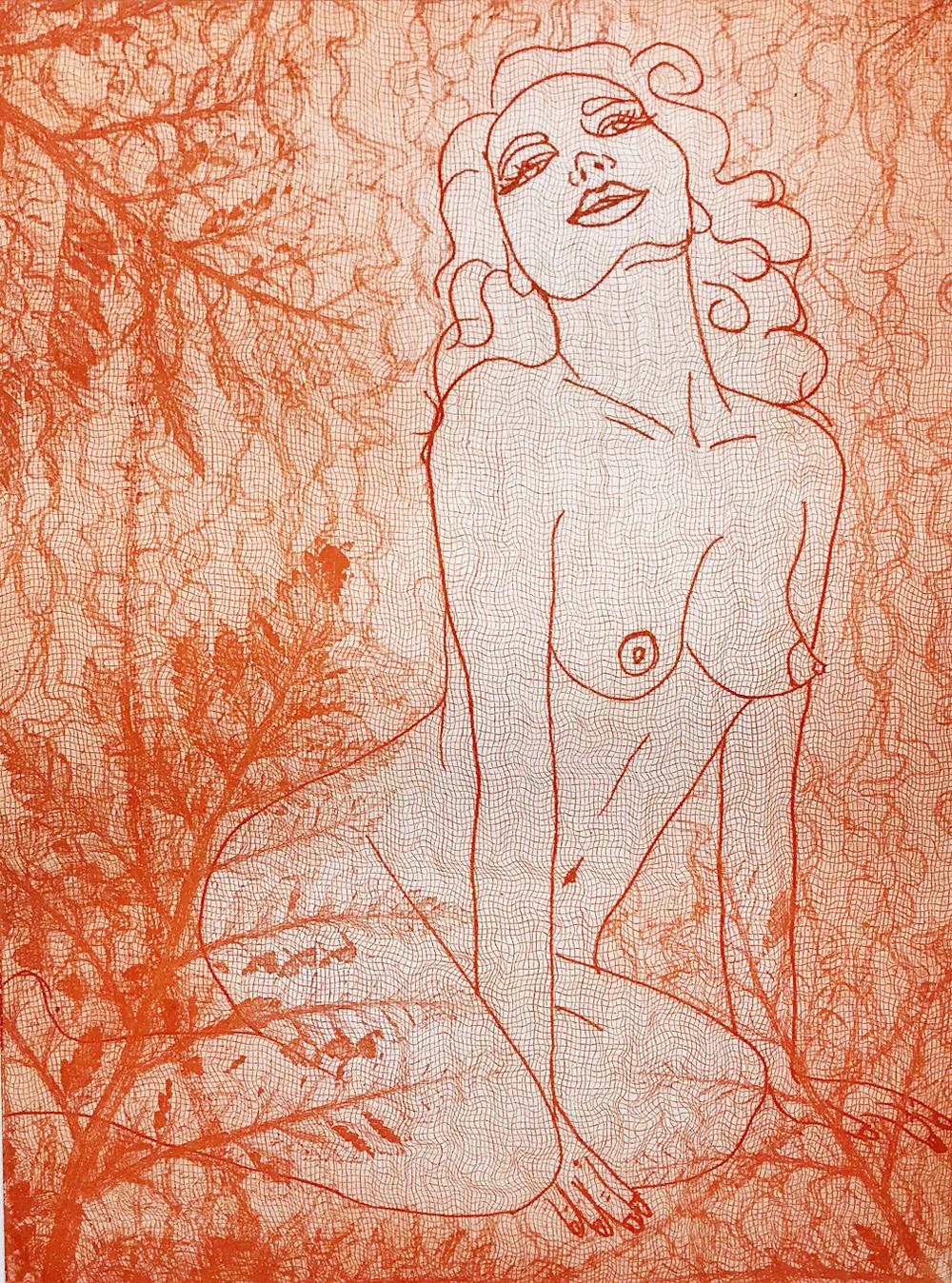 Tangerine Dream, Intaglio Etching, Watercolor, Figurative, Nude, Signed, Framed - Art by Indira Cesarine