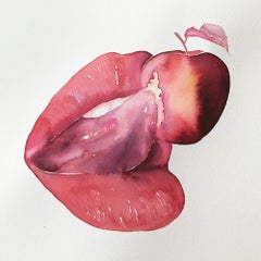 Lust, Watercolor, Painting, Figurative Art, Lips, Red, Fruit, Signed, Framed