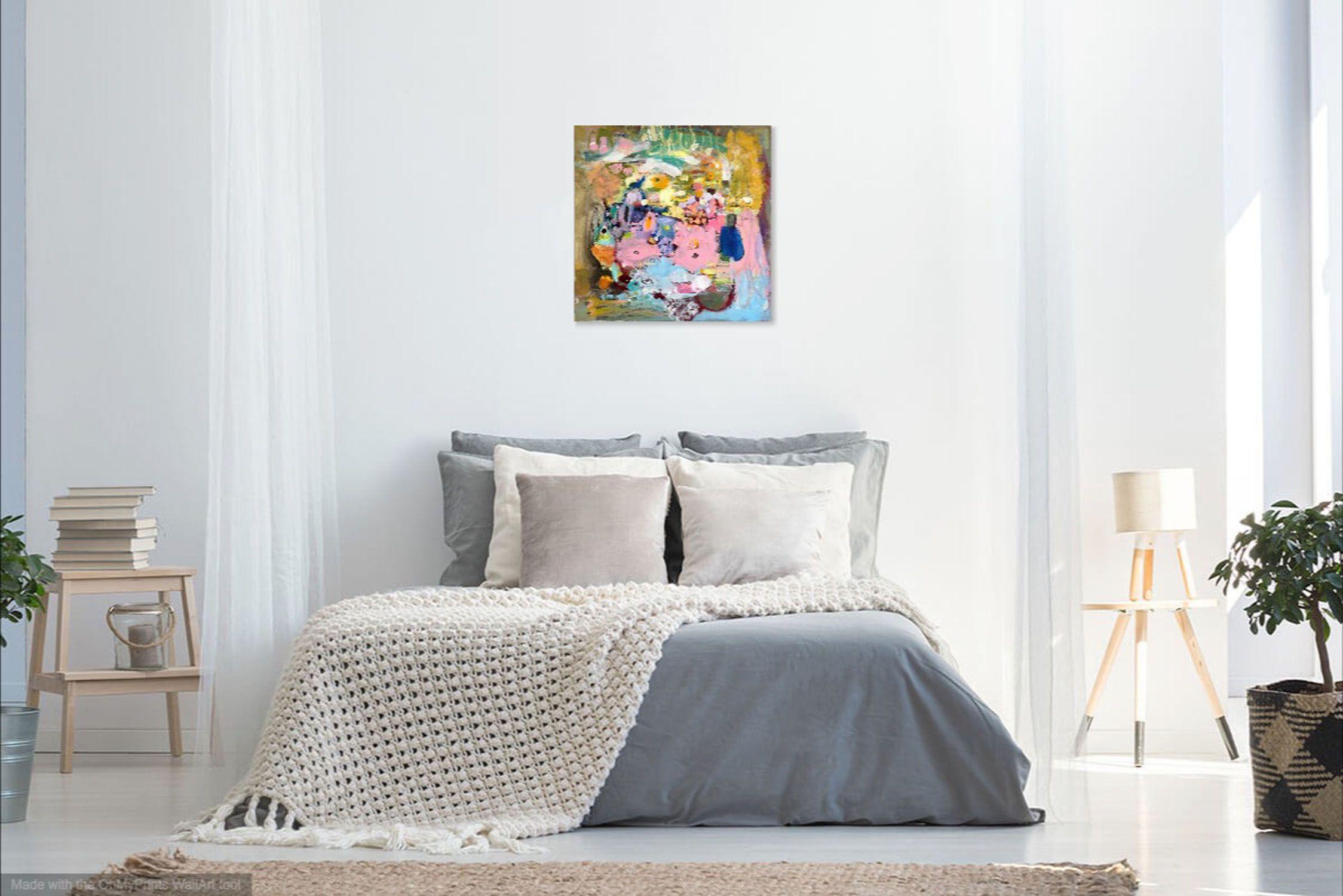Cette peinture acrylique abstraite est très vivante et colorée. Il s'inspire de la nature et des animaux qui vivent ensemble dans un bel environnement heureux. 