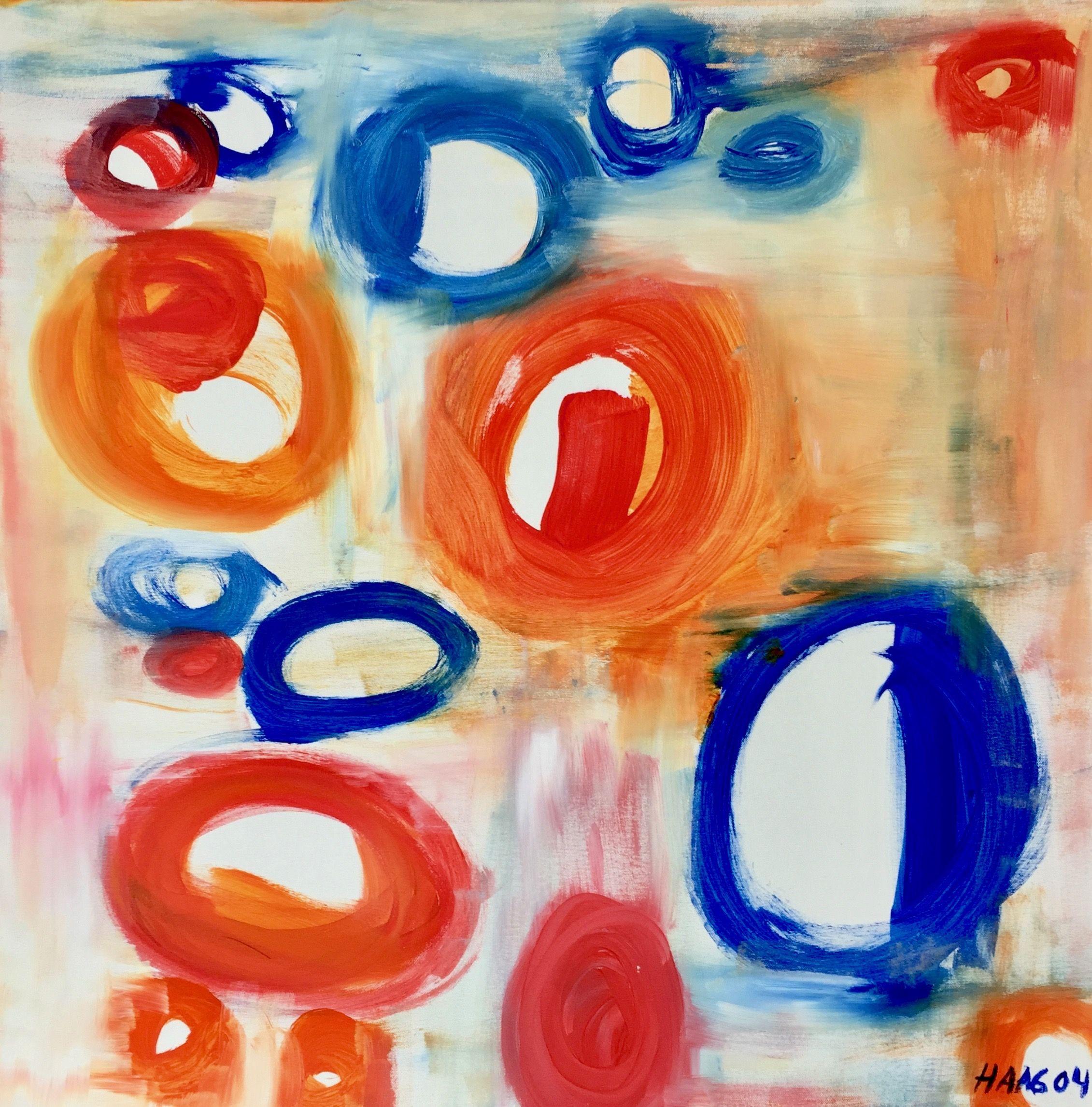 This abstract acrylic painting is very vibrant and colorful. It is inspired by the the colors and the light of a warm, sunny summers day. The main colors are blue and red and orange.     The sides of the artwork are also painted; it does not need to