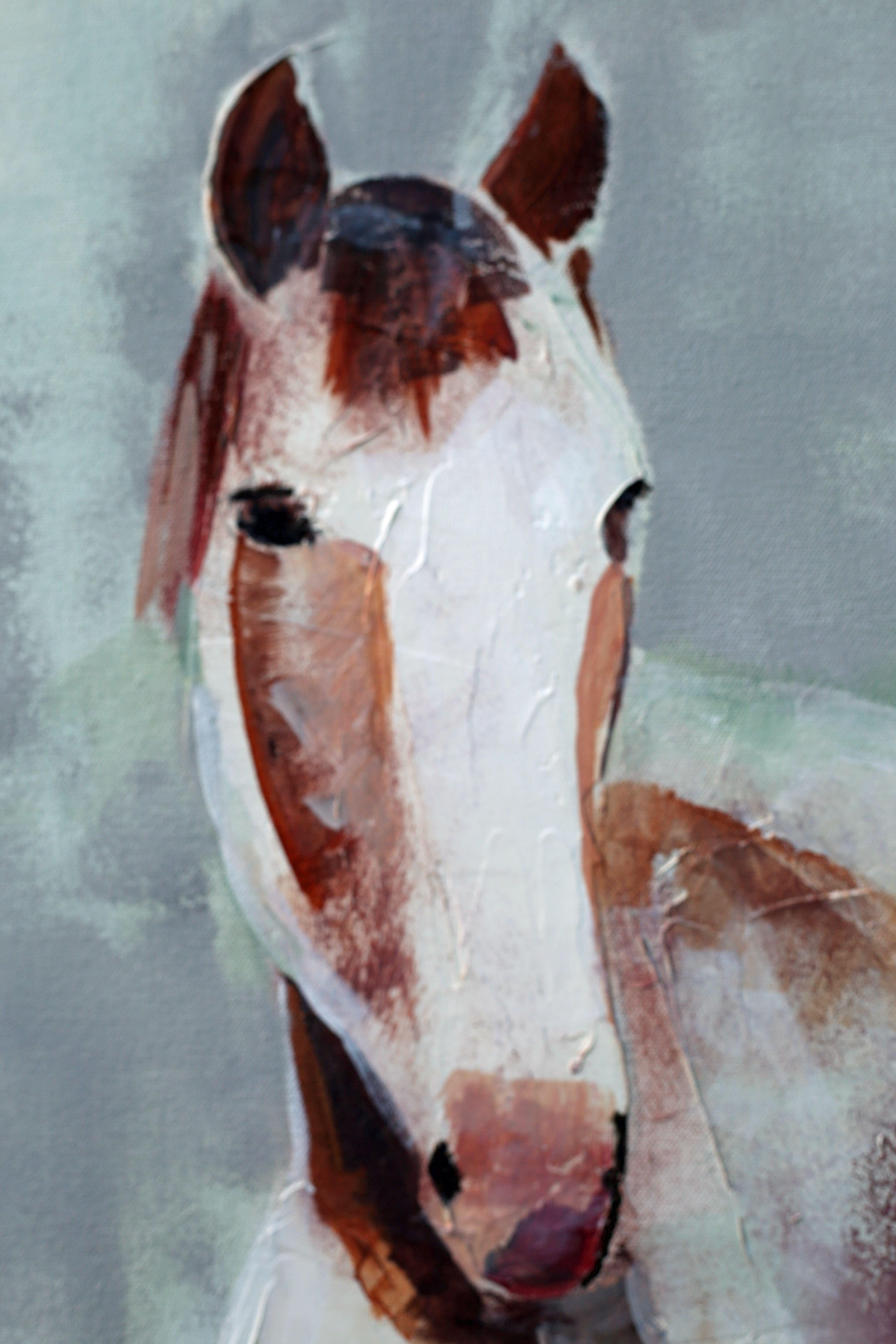 â€œIn a Dreamâ€ is an Acrylic on canvas that portrays a single white horse with patches of rusty red. In the background are washes of soft greens and grays with drips adding interest here and there. The beautiful horse appears to be coming towards