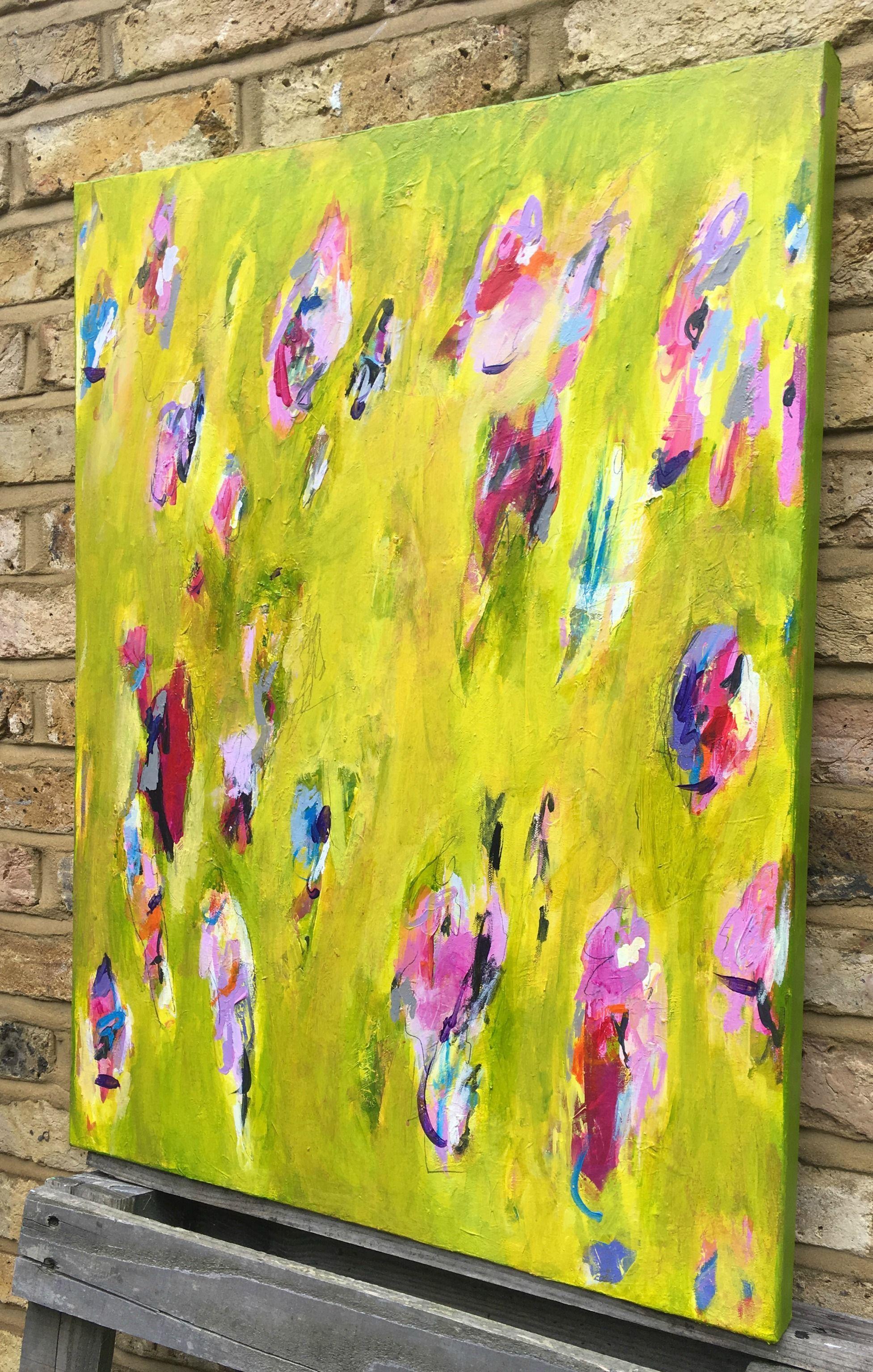 An abstract floral painting inspired by a walk in the countryside. We came across a lush meadow with little flowers dotted here and there striving to grow taller than the grass. The painting was built over many colour washes of acrylic glazes.   