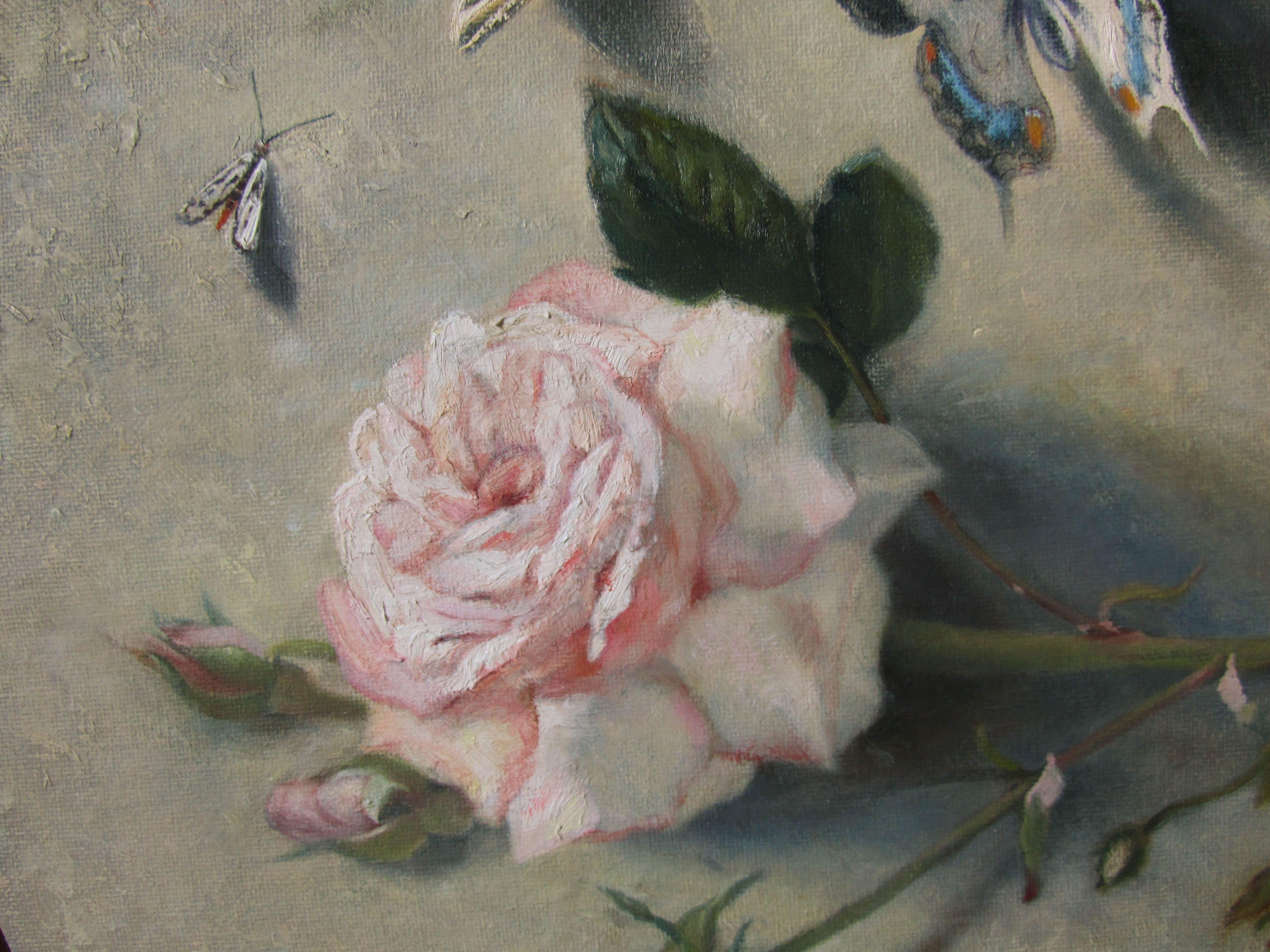 Butterflies and rose, Painting, Oil on Canvas 1
