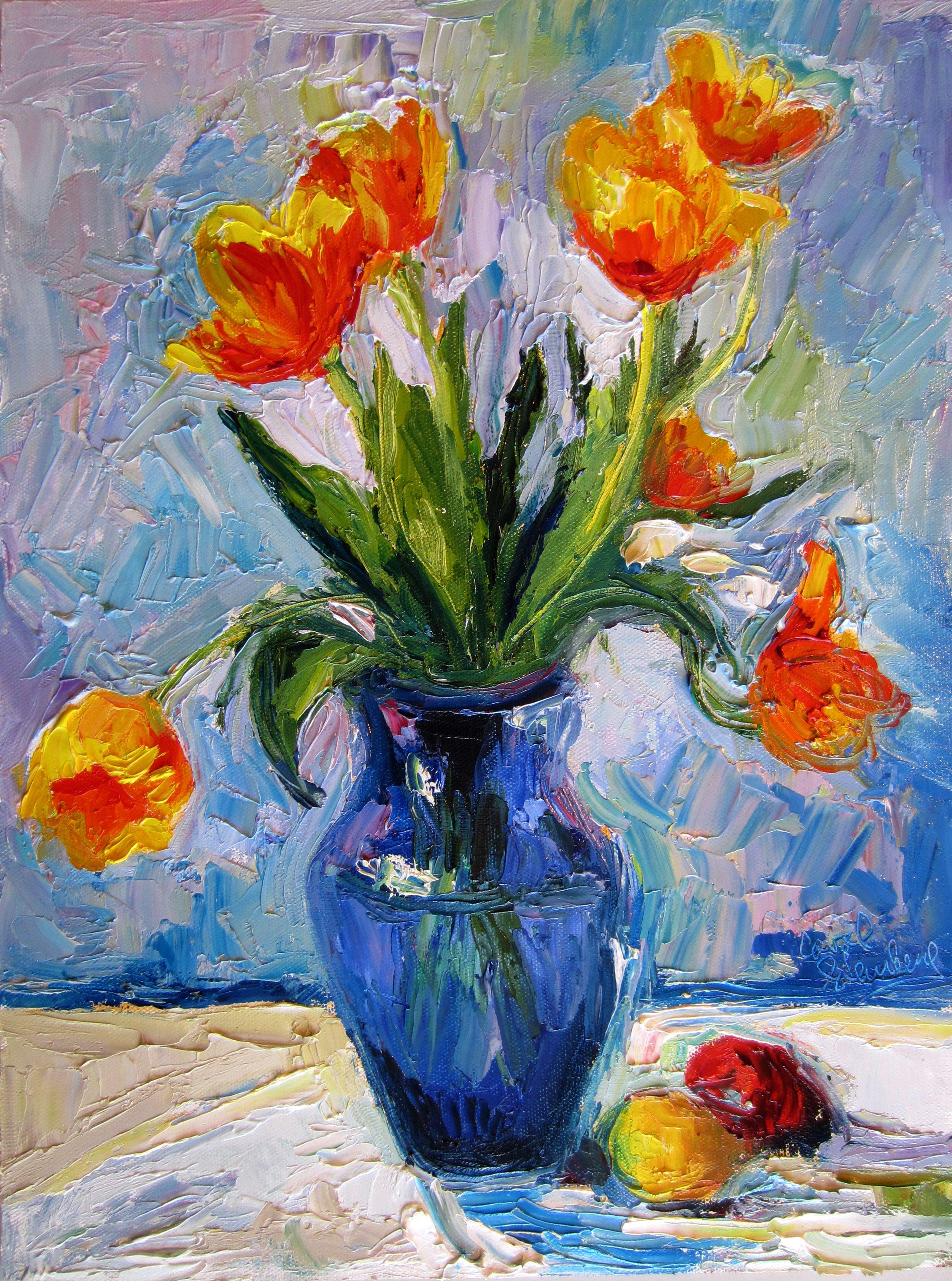 Exciting complementary colors sing in this impastoed floral :: Painting :: Impressionist :: This piece comes with an official certificate of authenticity signed by the artist :: Ready to Hang: No :: Signed: Yes :: Signature Location: lower right and