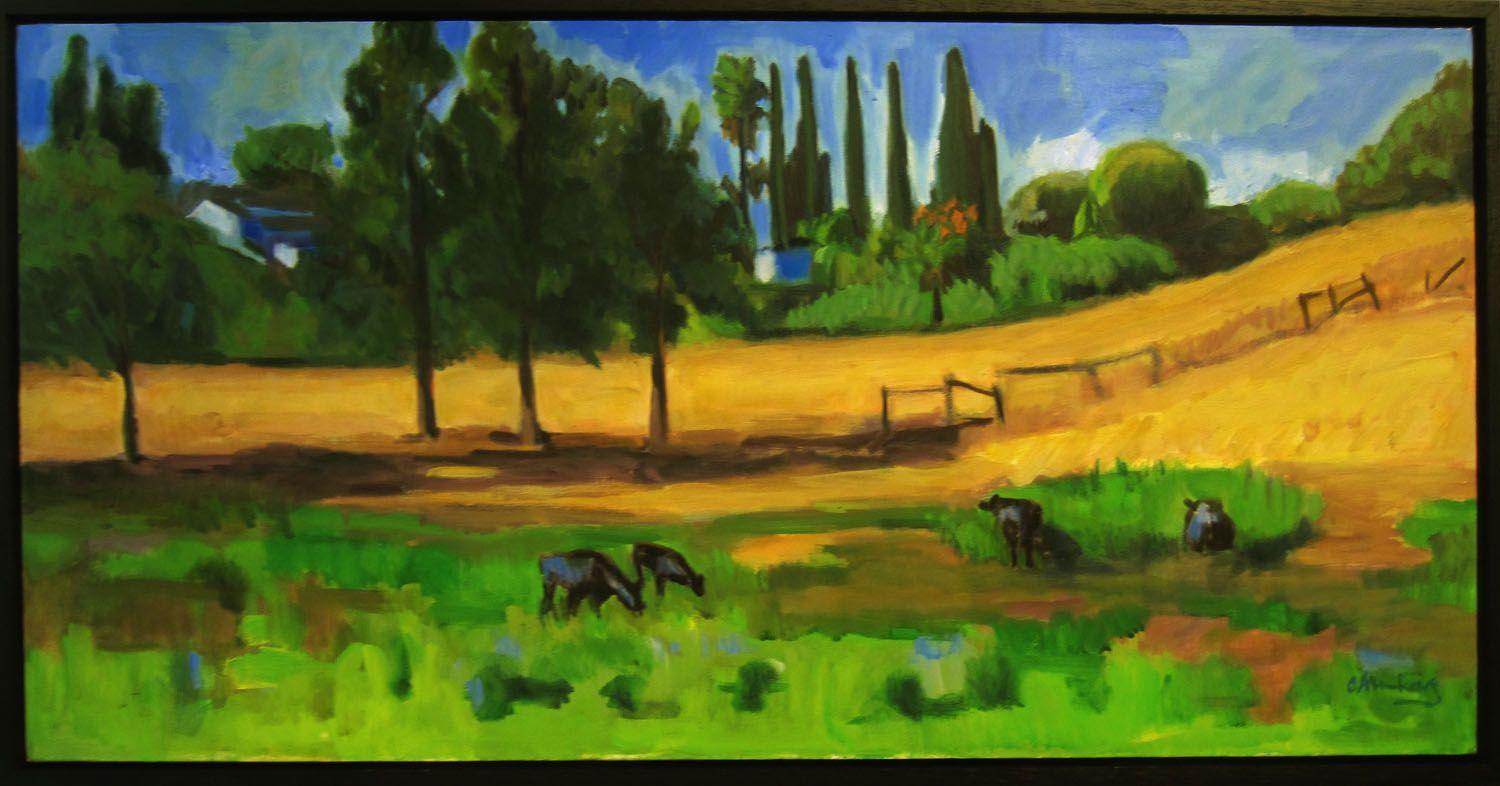 Cows grazing peacefully in a field with sky accents on their bodies and in the grass. Contemporary black wood frame. :: Painting :: Contemporary :: This piece comes with an official certificate of authenticity signed by the artist :: Ready to Hang: