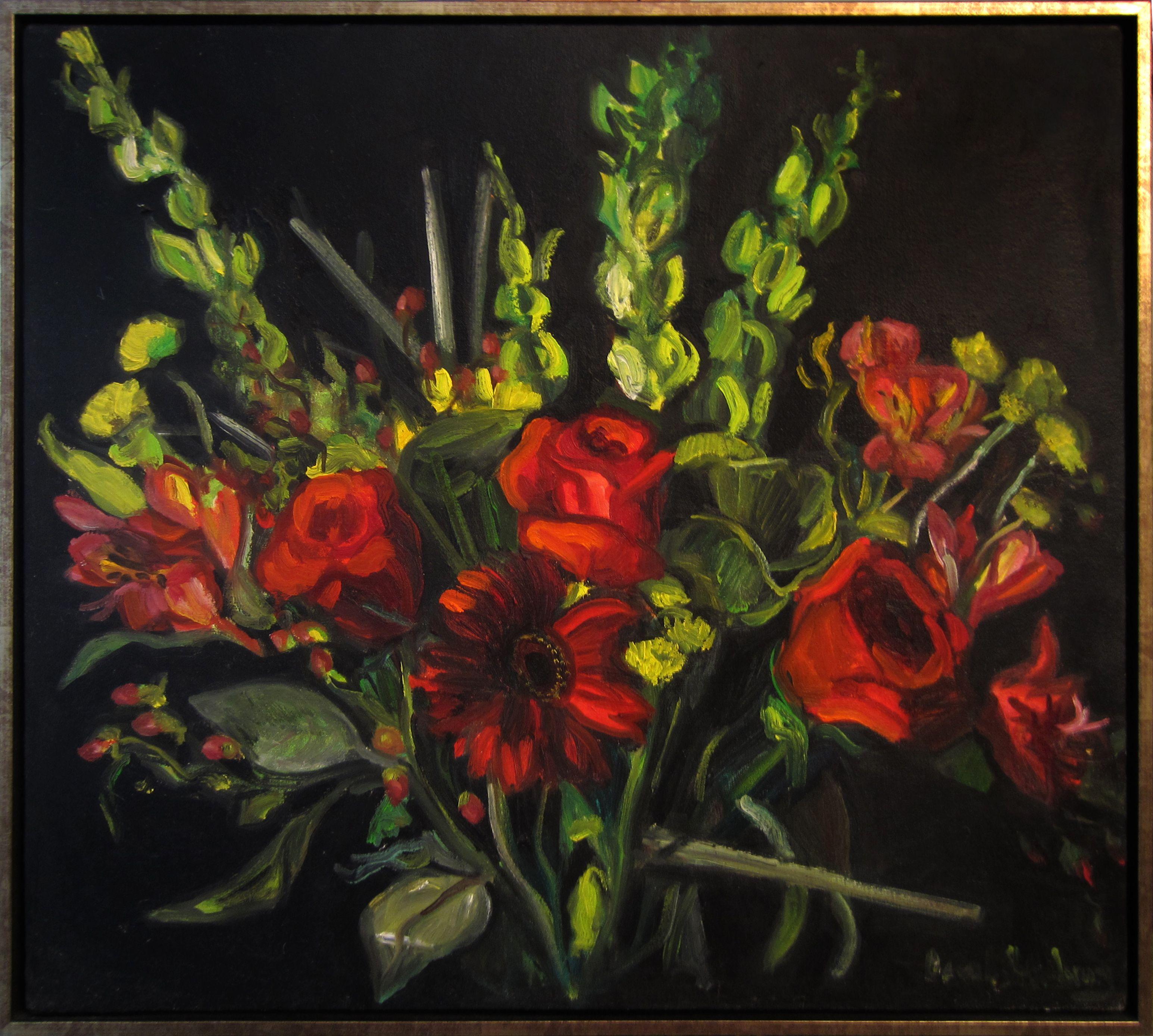 Rosas y campanas irlandesas, Pintura, Óleo sobre lienzo - Painting Contemporáneo de Carol Steinberg