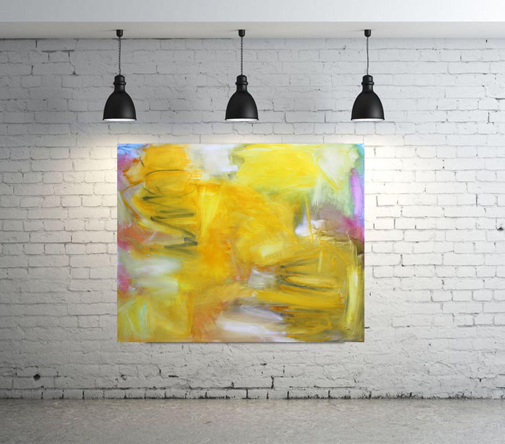 Golden Hills is a big bold abstract expressionist oil painting on Belgian linen canvas. Using oil paint allows for working wet in wet, something that isn't as possible with acrylic or a rougher, more absorbent surface. Although the brushstrokes are