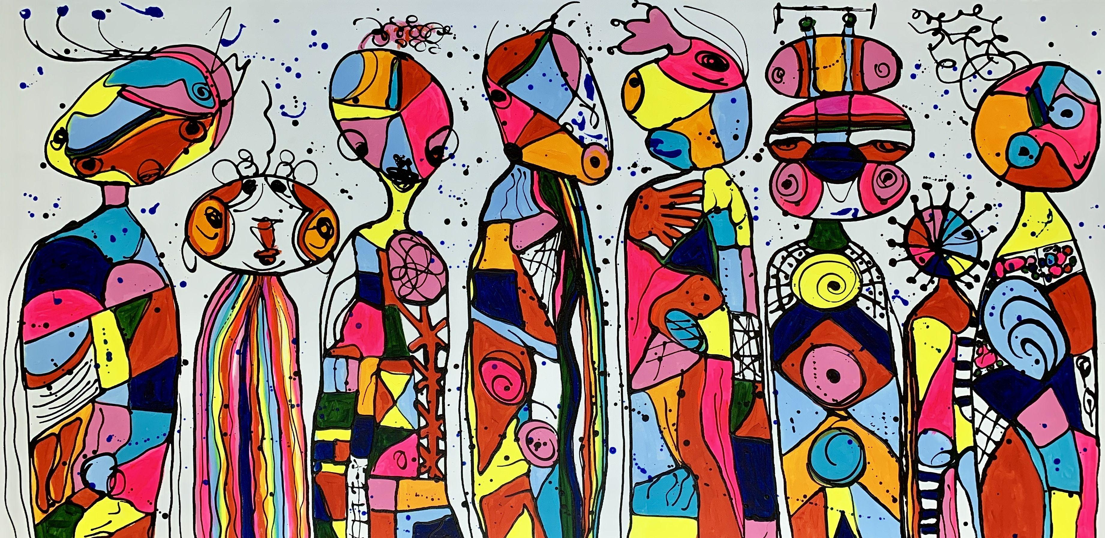 Contemporary FINE ART Original PAINTING, acrylics and texture on 100% cotton stretched wrapped canvas.    Title: Friends 18 ,ready to hang, 2019  Size: 71''x 35''(180x90cm)    Room views may not be to scale!    Handpainted. Original, not print.