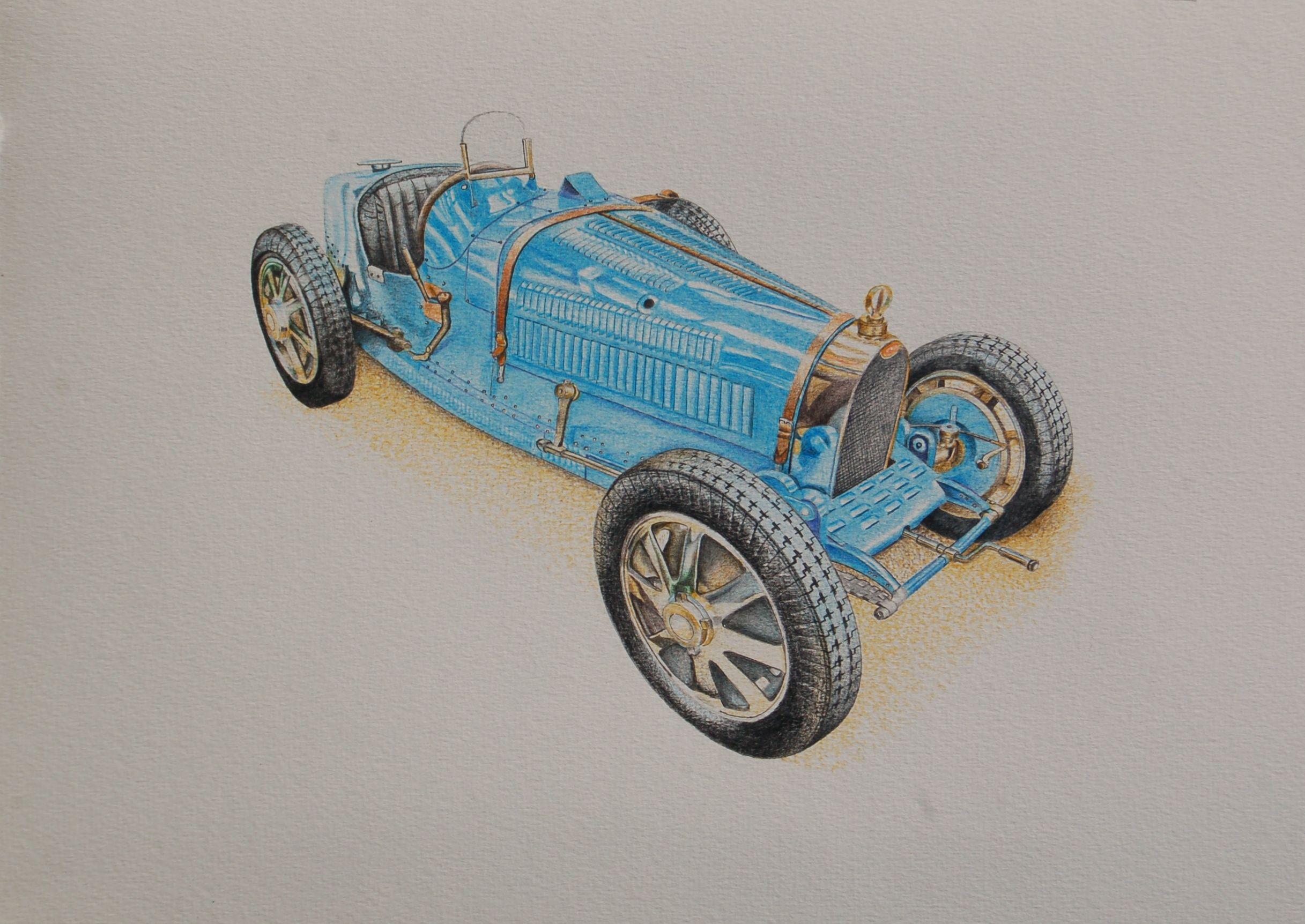 Bugatti Type 35, Drawing, Pencil/Colored Pencil on Paper - Art by Benjamin Self
