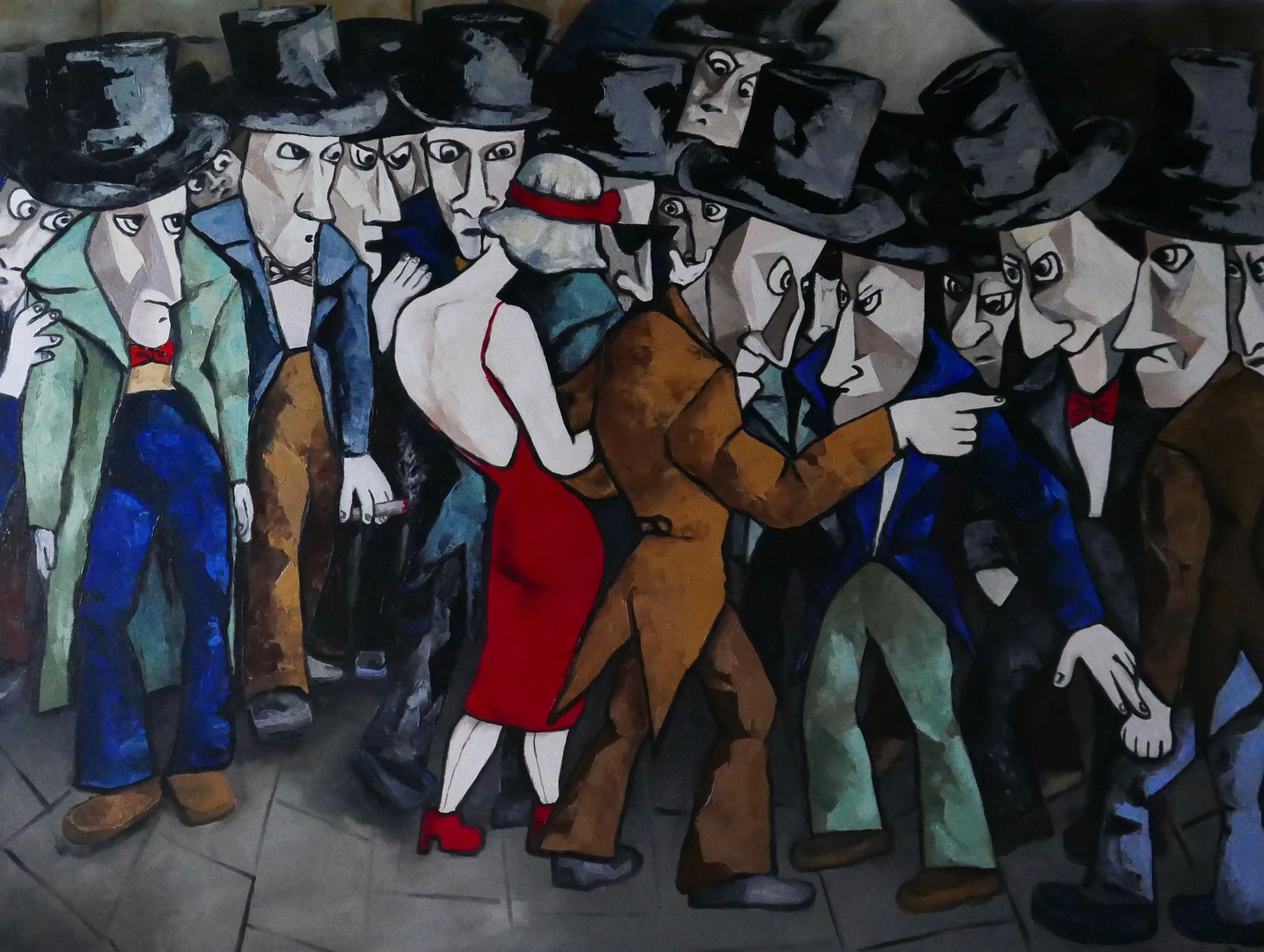 Menacing top hats jostle for a glimpse of the backless beauty, vulnerability in red faces the grey threat of a sinister crowd. A disquieting street, a hostile world.    A large oil painting painted mainly with a palette knife of the Top hat & tails