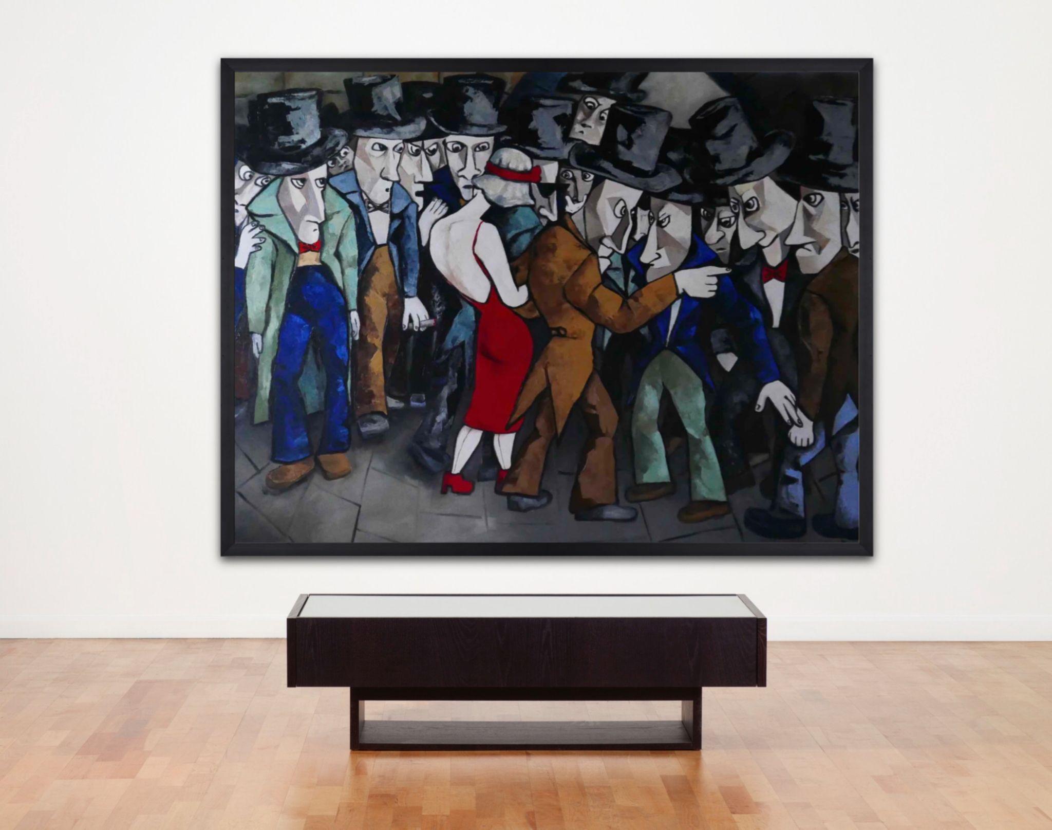 Top hat & tails gang with lady in red, Painting, Oil on Canvas 4