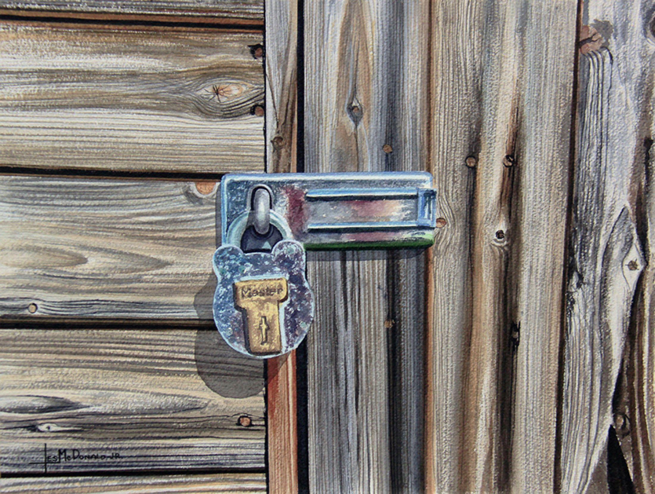 Master Lock: Meisterschloss, Gemälde, Aquarell auf Aquarellpapier – Art von Leslie McDonald Jr