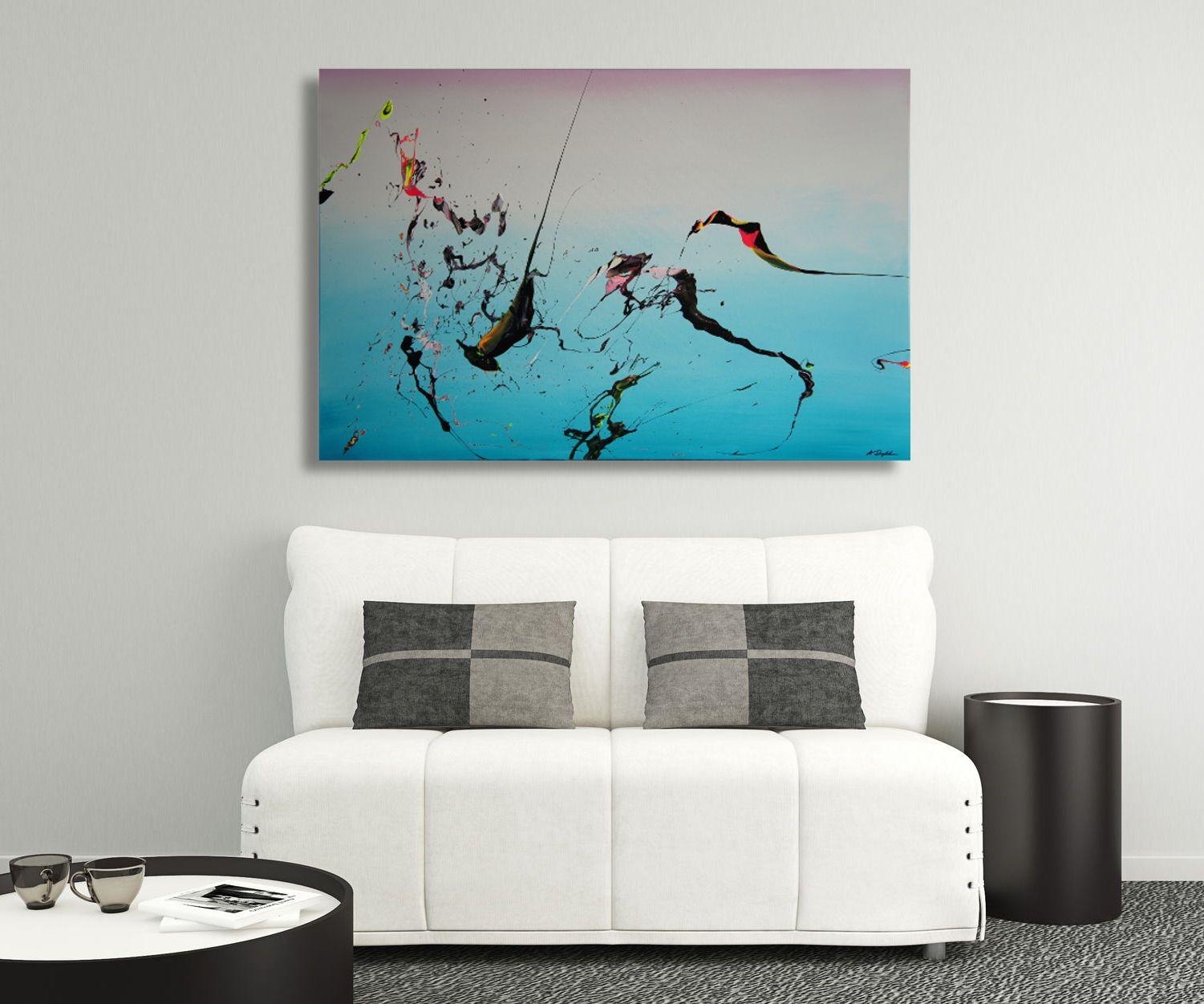 This is a simplistic one from my Spirits Of Skies Collection.  It comes with black and some neon colored accents against the wide open sky. Enjoy!    Unique painting using high-quality acrylic colors on gallery canvas (stapled on the back), glossy