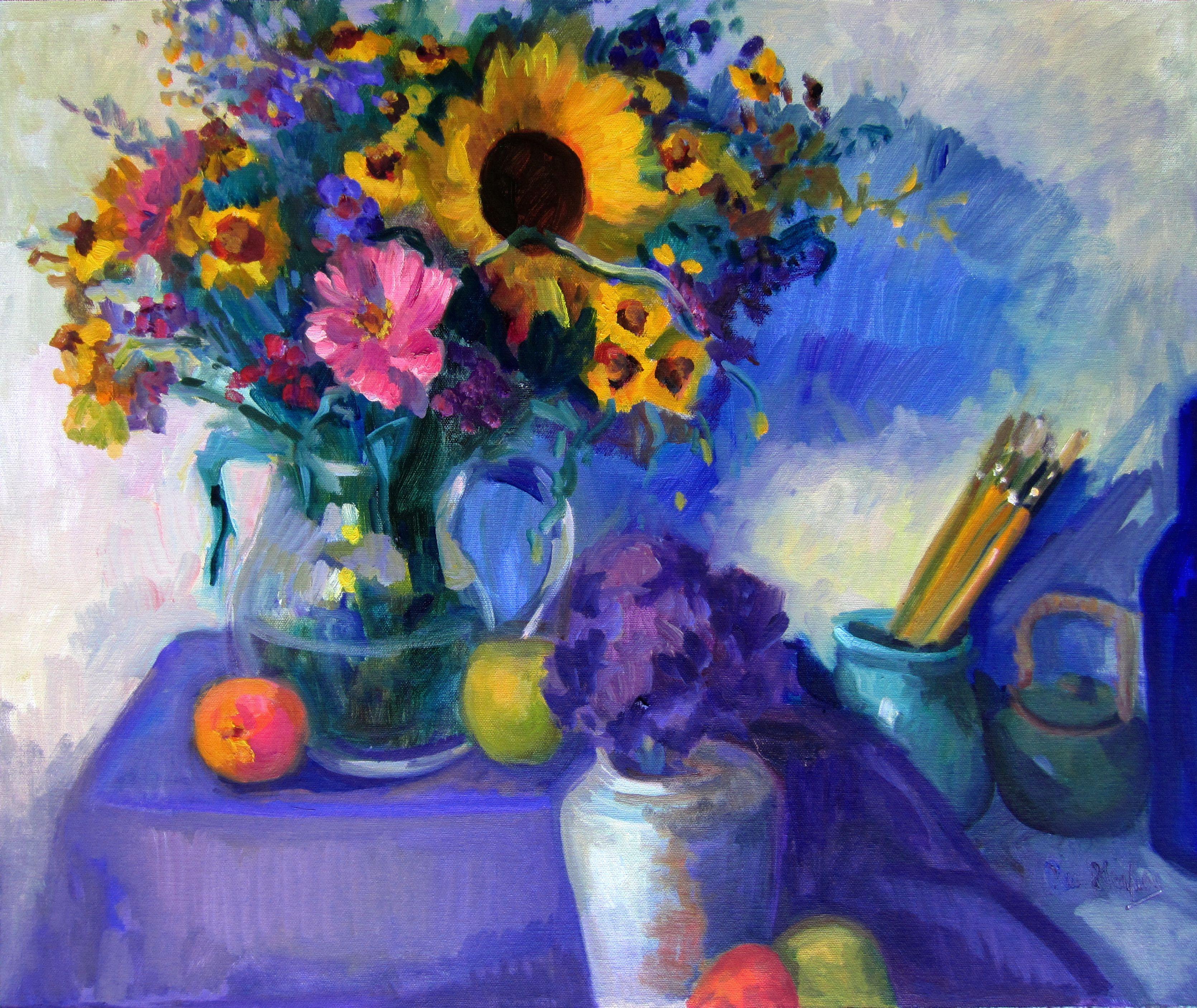 Bouquet di girasoli del mercato contadino in studio, Pittura, Olio su pannello MDF - Painting di Carol Steinberg