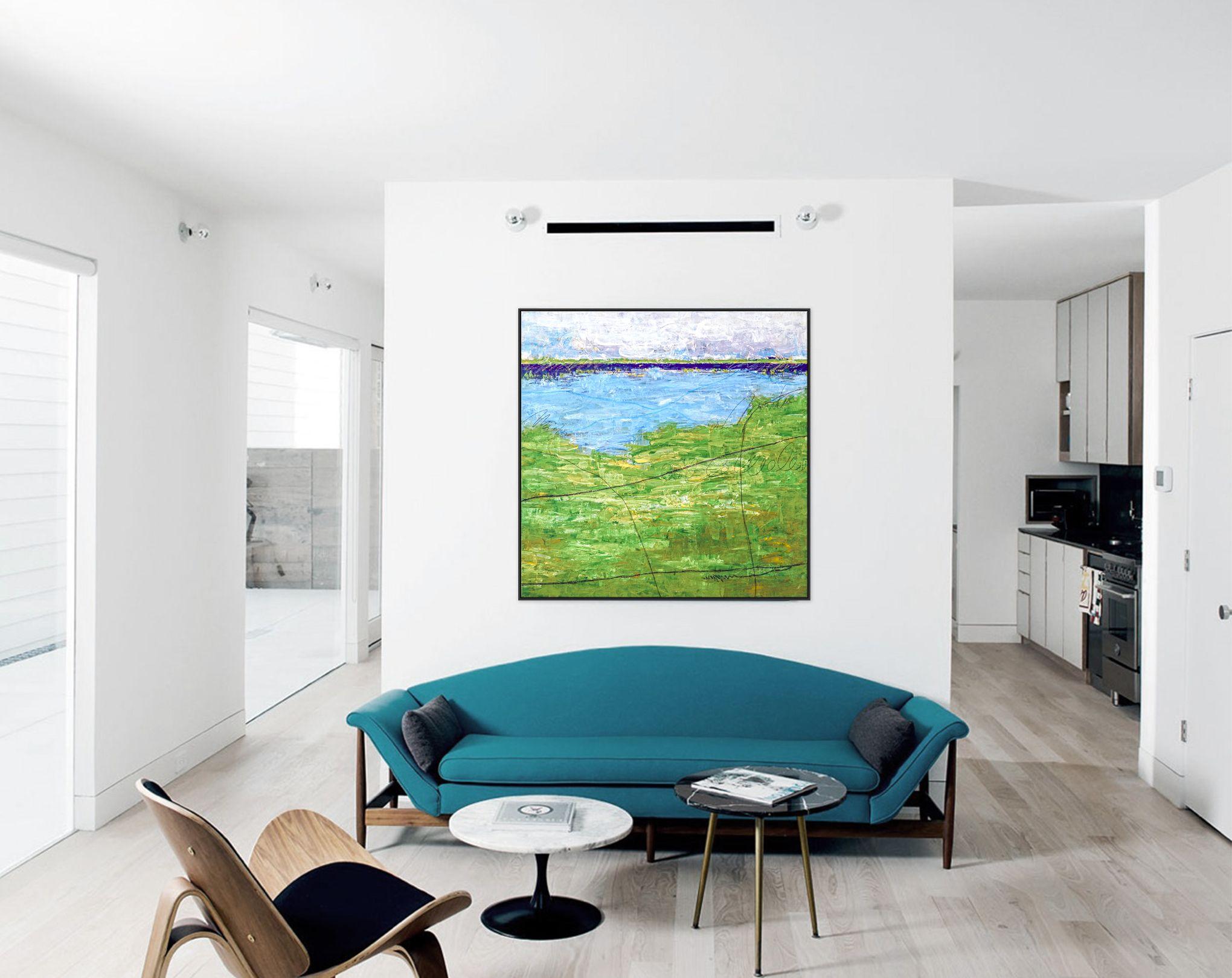 A painting of sky, lake and green fields, a simple landscape of summer in green field in contemporary style. â€¢ PICTURE HANGER ATTACHED: Yes â€¢ SIDES PAINTED: Yes â€¢ READY TO HANG: No (Rolled in tube) â€¢ ARTIST SIGNED: Yes â€¢ CERTIFICATE OF