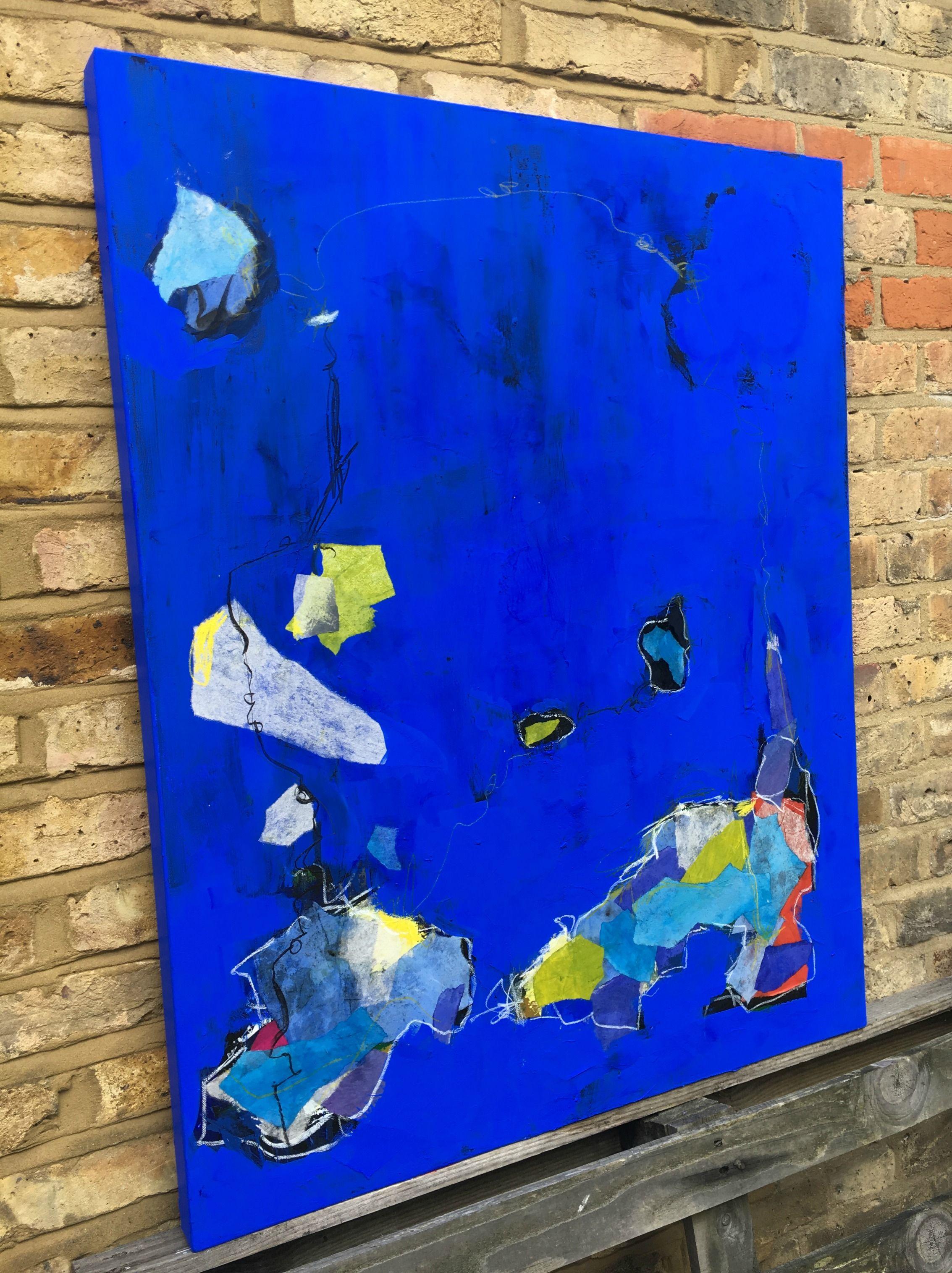 Cycle of Life' is a large, abstract collage painting that will be a striking statement piece in any room. The wonderful deep ultramine blue and in this contemporary colour field painting was mixed with artist pigments. The pigments were mixed to a