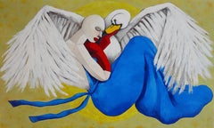 Goddess & Swan flying from the moon, Painting, Oil on Canvas