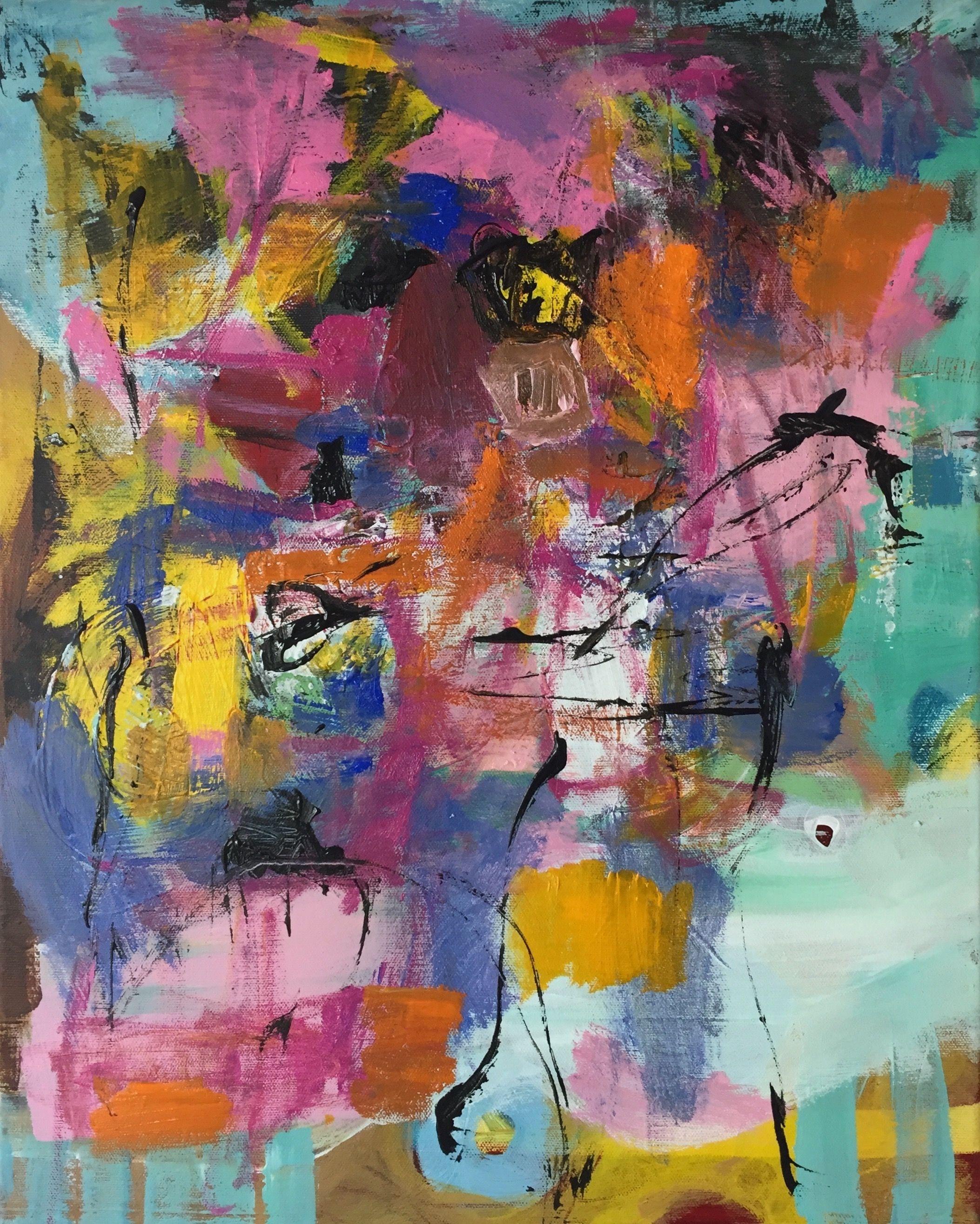 This abstract gestural painting is multicolored and in the tradition of Informel. There are many different layers. It is a real statement piece of art, that will bring a contemporary happy spirit in your home.     The sides of the artwork are also