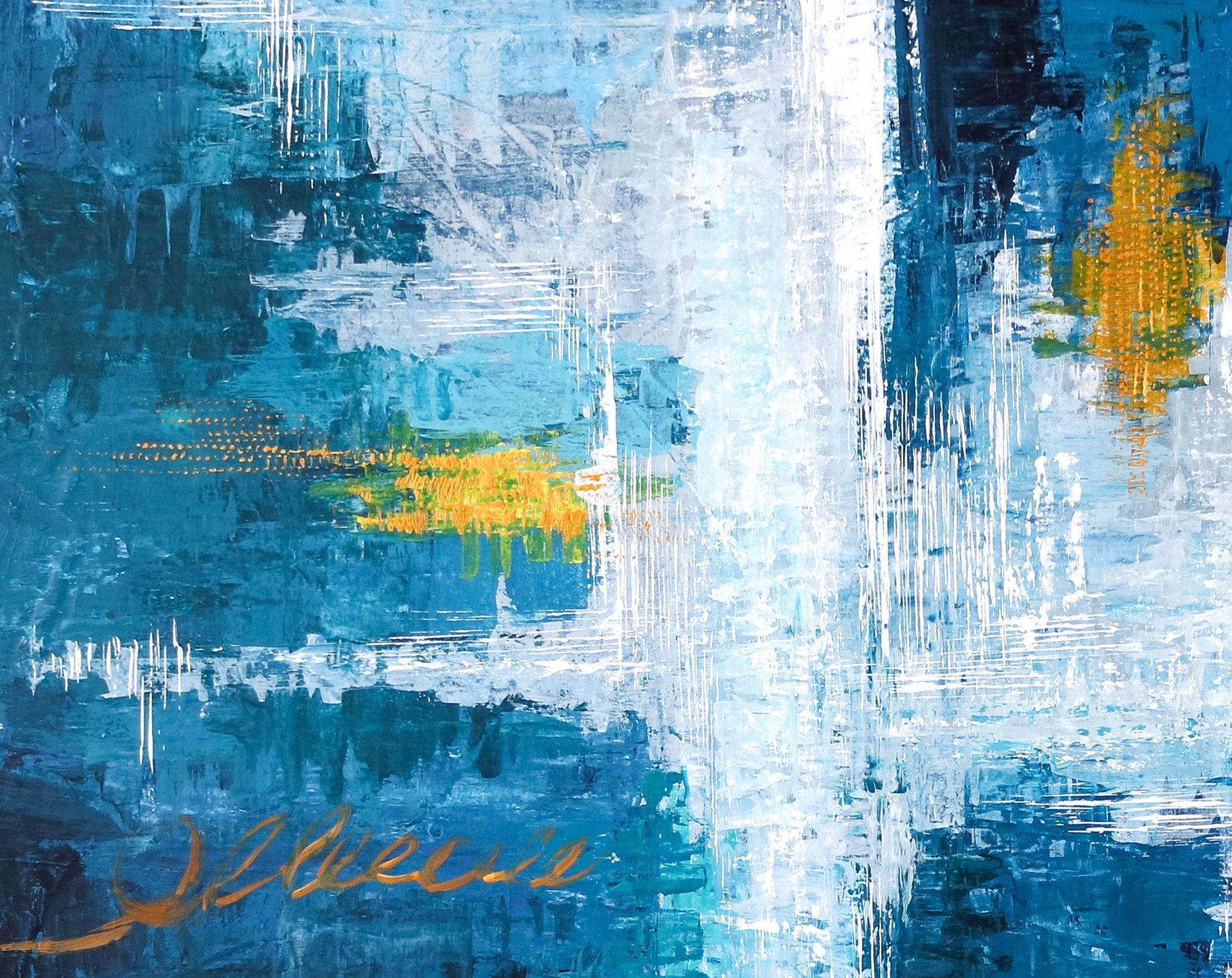 An depiction of sounding momentum in abstract expressionism with blue, white, yellow and orange. â€¢ PICTURE HANGER ATTACHED: Yes â€¢ SIDES PAINTED: Yes â€¢ READY TO HANG: Yes â€¢ ARTIST SIGNED: Yes â€¢ CERTIFICATE OF AUTHENTICITY: Yes, This is an