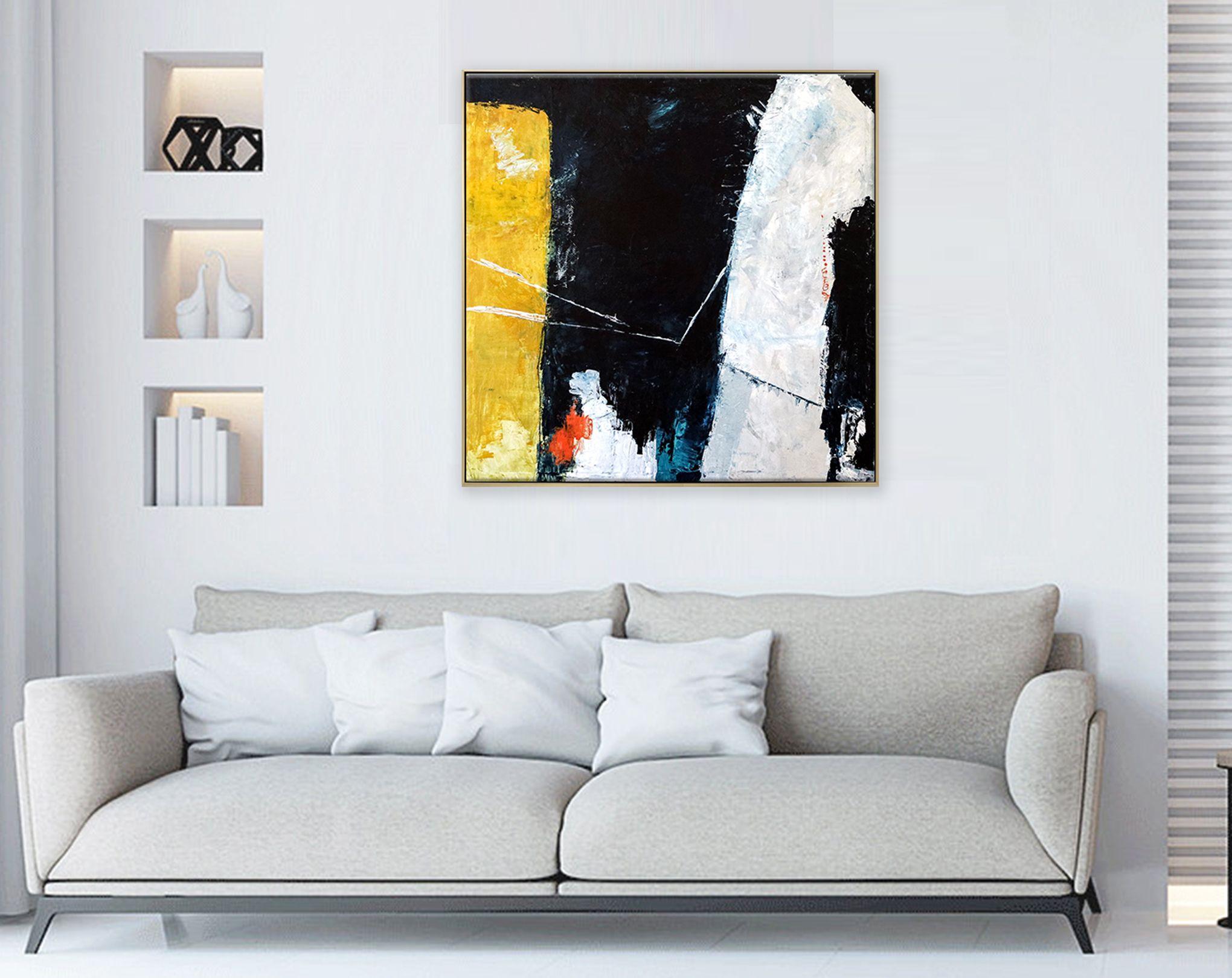 A contemporary, modern, abstract expressionism, acrylic painting on canvas, colors of dark blue, yellow and white. â€¢ PICTURE HANGER ATTACHED: Yes â€¢ SIDES PAINTED: Yes â€¢ READY TO HANG: Yes â€¢ ARTIST SIGNED: Yes â€¢ CERTIFICATE OF AUTHENTICITY: