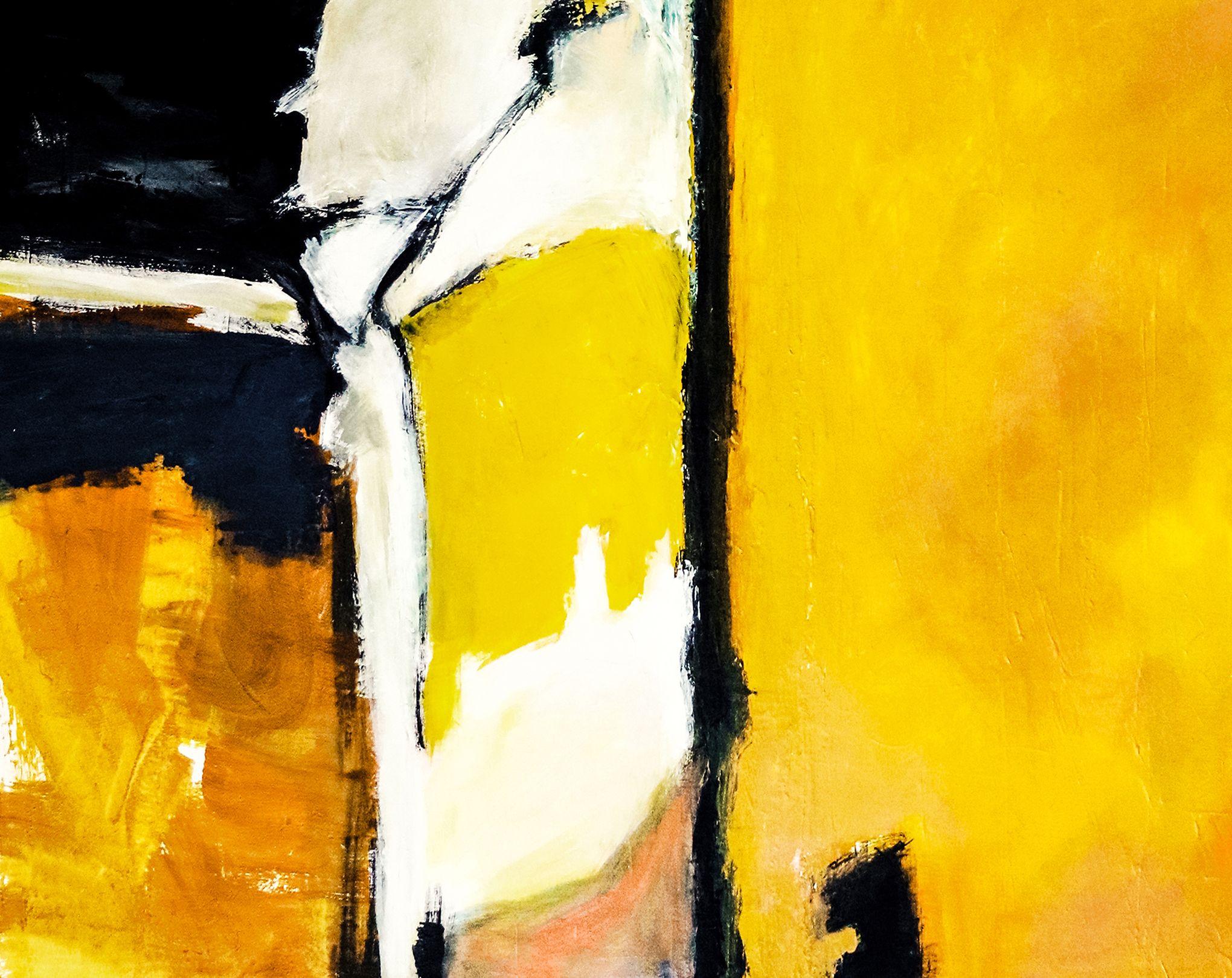 An abstract expressionism, acrylic painting on canvas, colors of black, yellow and blue. â€¢ PICTURE HANGER ATTACHED: Yes â€¢ SIDES PAINTED: Yes â€¢ READY TO HANG: Yes â€¢ ARTIST SIGNED: Yes â€¢ CERTIFICATE OF AUTHENTICITY: Yes, This is an Original