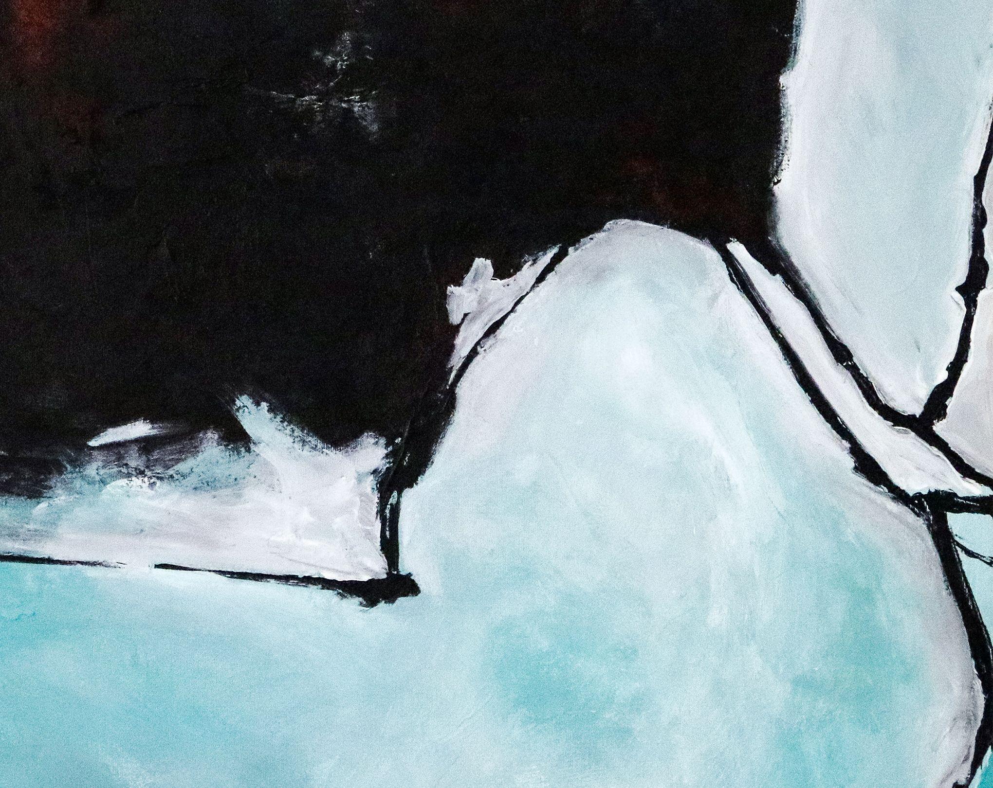 An abstract expressionism, acrylic painting on canvas, colors of black, white and turquoise. â€¢ PICTURE HANGER ATTACHED: Yes â€¢ SIDES PAINTED: Yes â€¢ READY TO HANG: Yes â€¢ ARTIST SIGNED: Yes â€¢ CERTIFICATE OF AUTHENTICITY: Yes, This is an