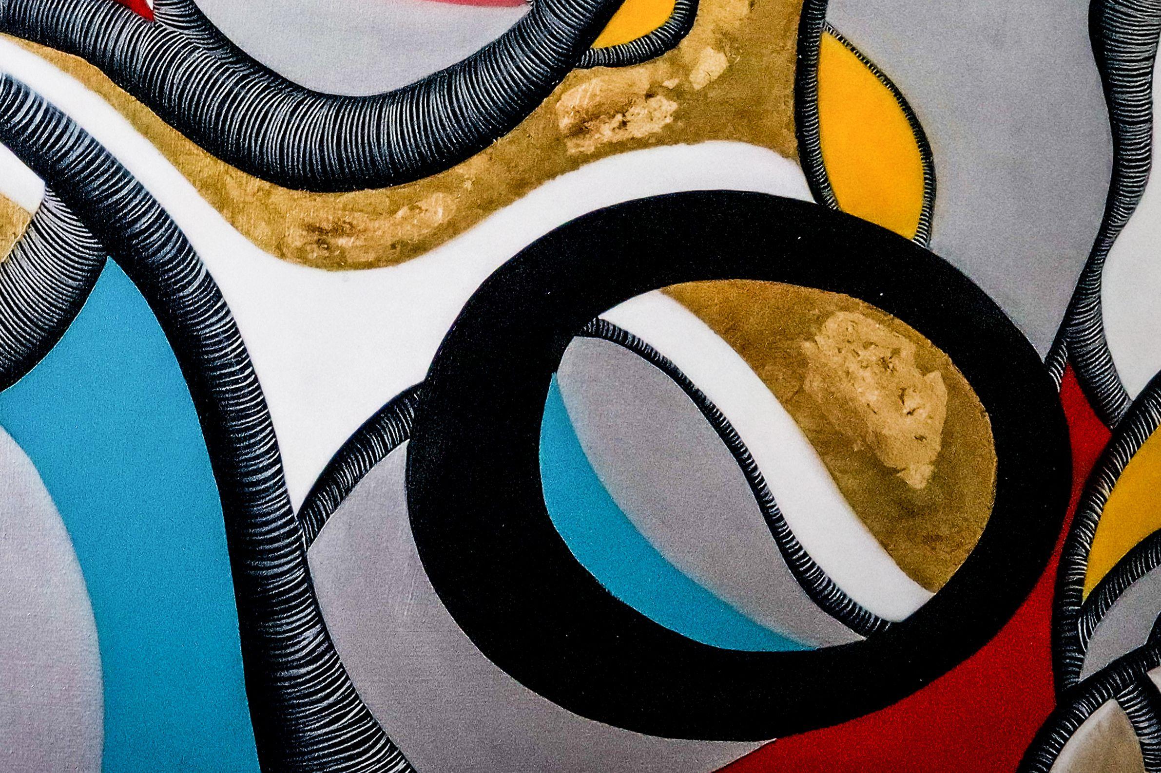 This work has a dynamic and playful composition with red, turquoise, yellow, silver and gold color. â€¢ PICTURE HANGER ATTACHED: Yes â€¢ SIDES PAINTED: Yes â€¢ READY TO HANG: Yes â€¢ ARTIST SIGNED: Yes â€¢ CERTIFICATE OF AUTHENTICITY: Yes, This is