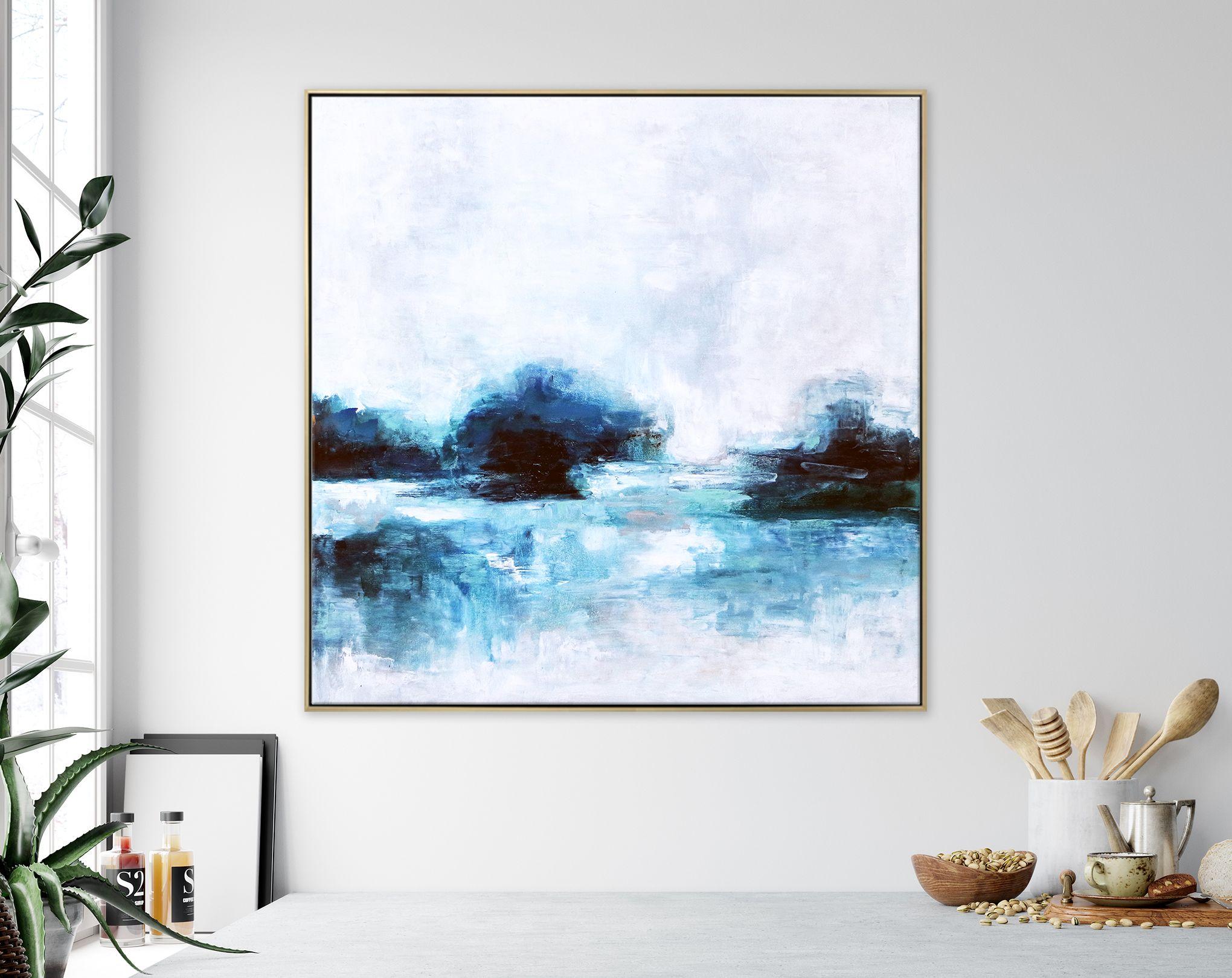 A seascape, acrylic painting on canvas, Colors of white, blue and teal. â€¢ PICTURE HANGER ATTACHED: Yes â€¢ SIDES PAINTED: Yes â€¢ READY TO HANG: Yes â€¢ ARTIST SIGNED: Yes â€¢ CERTIFICATE OF AUTHENTICITY: Yes, This is an Original Painting Not a
