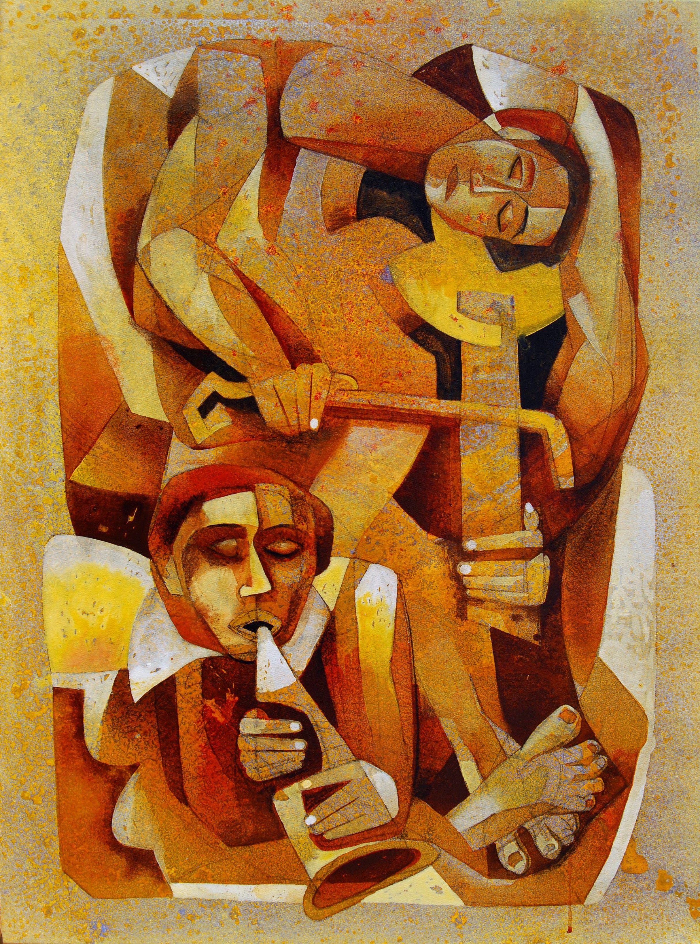 Sobhan Dutta Abstract Painting - Musicians IV, Painting, Acrylic on Canvas