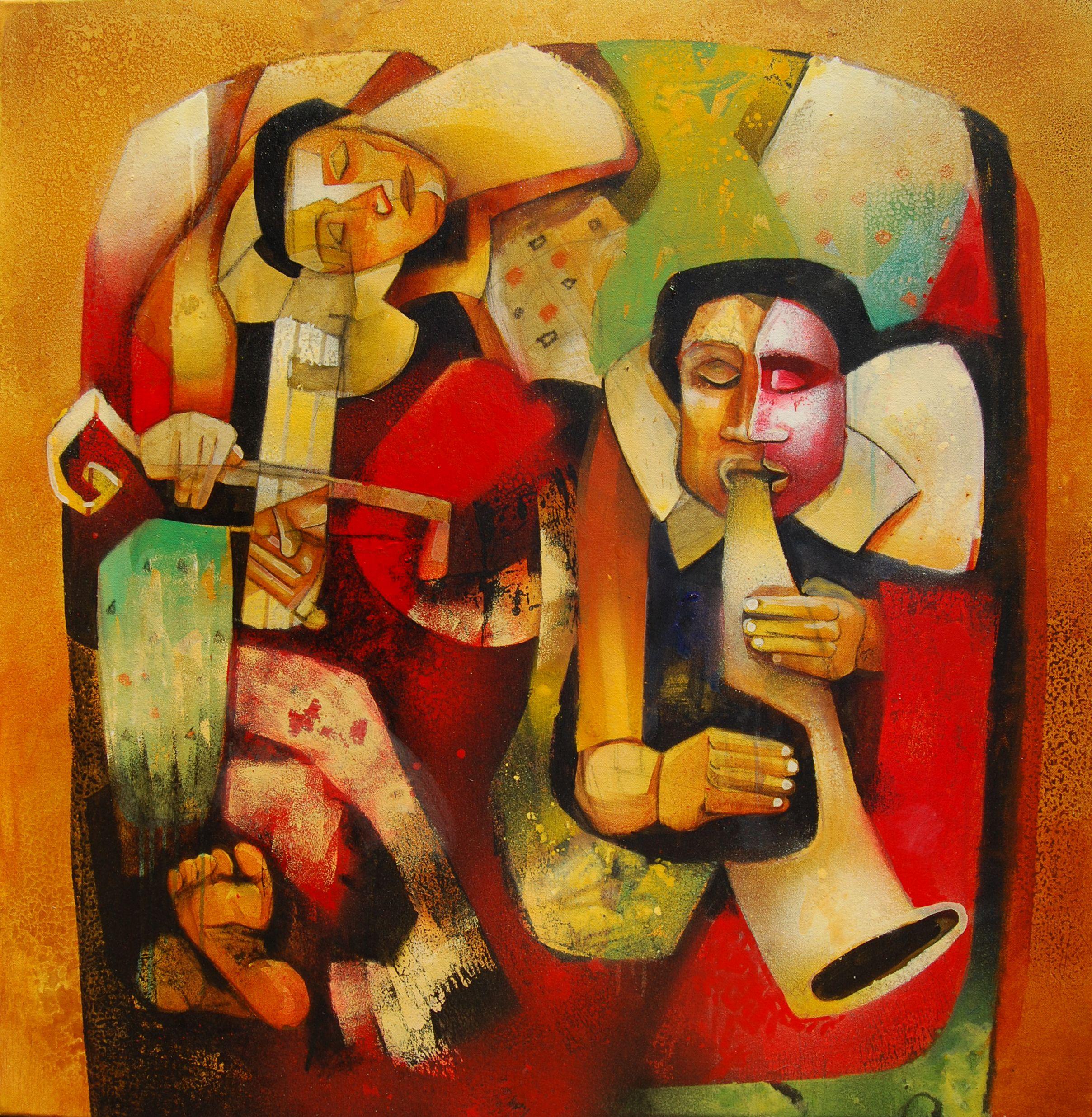 Sobhan Dutta Abstract Painting - Musicians II, Painting, Acrylic on Canvas