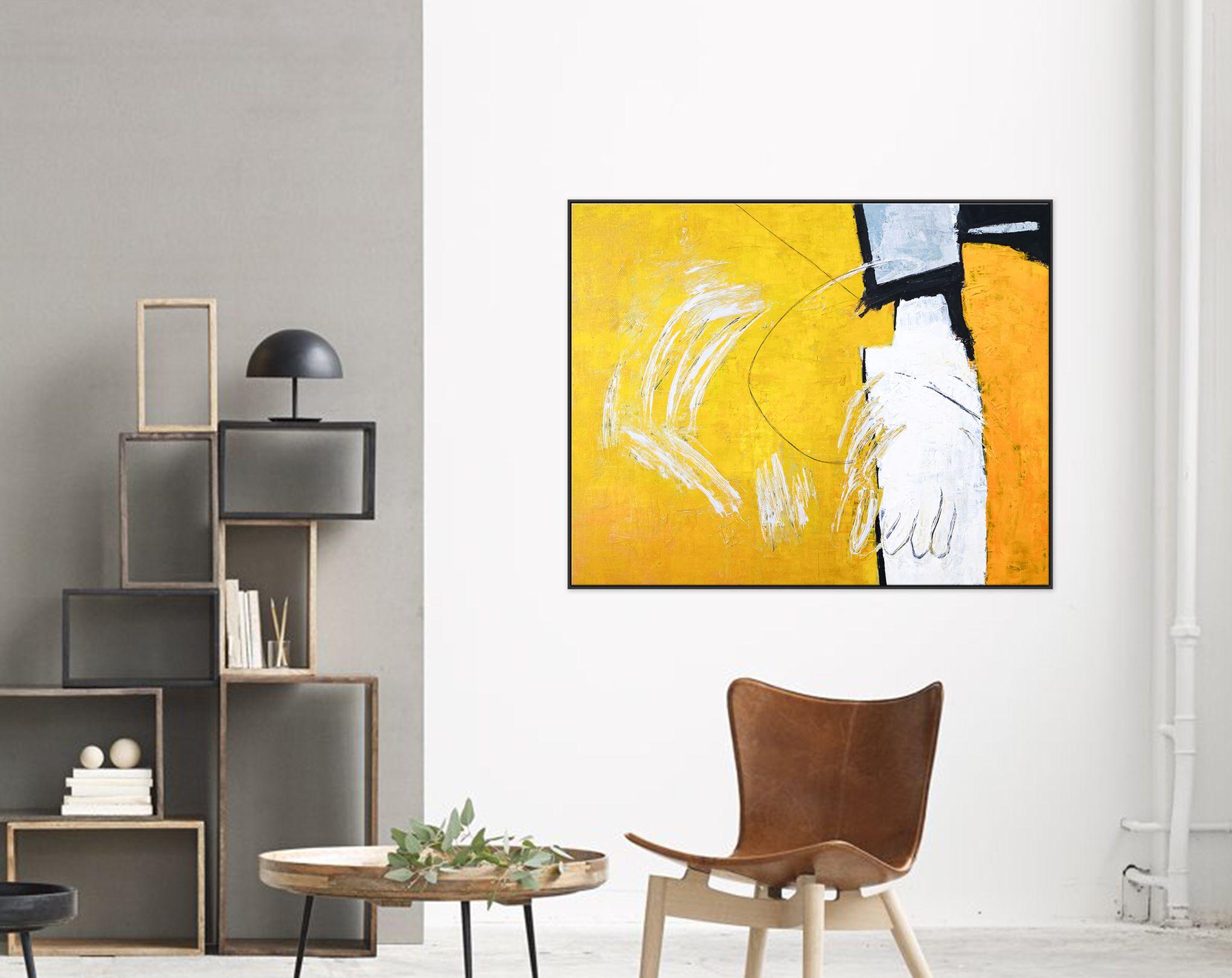 This painting is an improvisational and expressive abstract composition with simple yellow, white and black. â€¢ PICTURE HANGER ATTACHED: Yes â€¢ SIDES PAINTED: Yes â€¢ READY TO HANG: No (Rolled in tube) â€¢ ARTIST SIGNED: Yes â€¢ CERTIFICATE OF