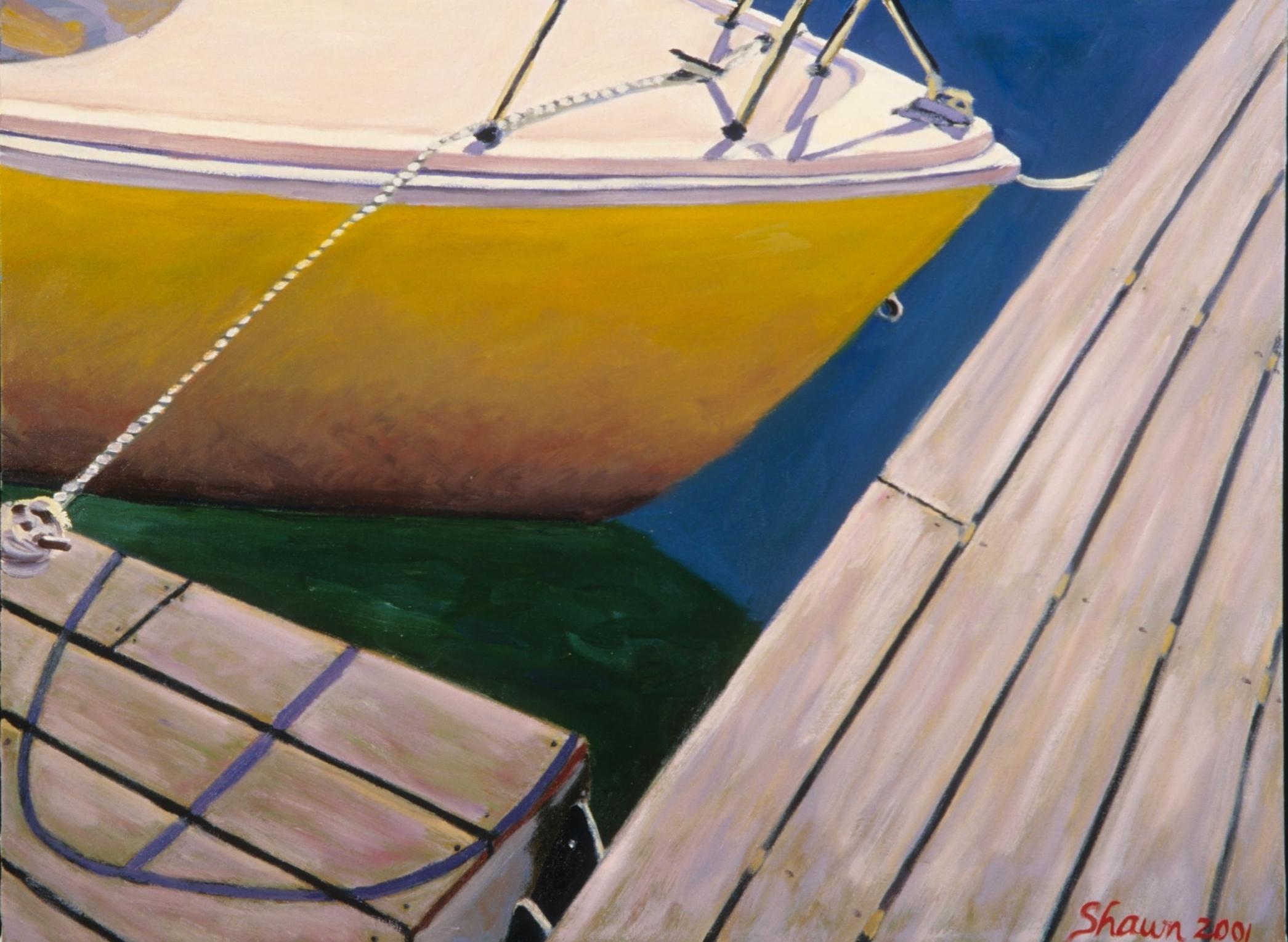 Docked boat with lines  :: Painting :: Realism :: This piece comes with an official certificate of authenticity signed by the artist :: Ready to Hang: Yes :: Signed: Yes :: Signature Location: lower right :: Canvas :: Landscape :: Original ::