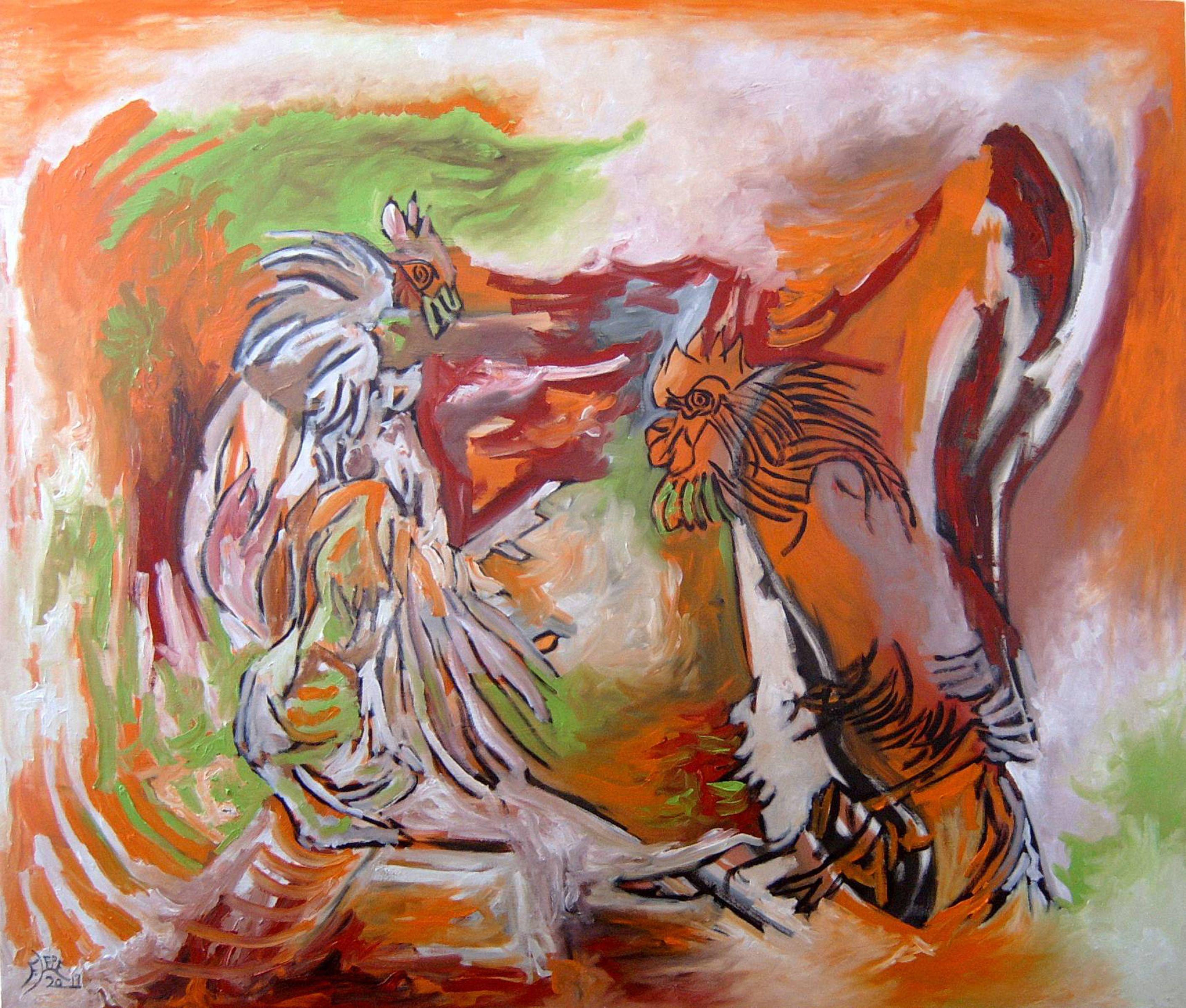 Federico Lepe Abstract Painting - "ROOSTERS #2", Painting, Oil on Canvas
