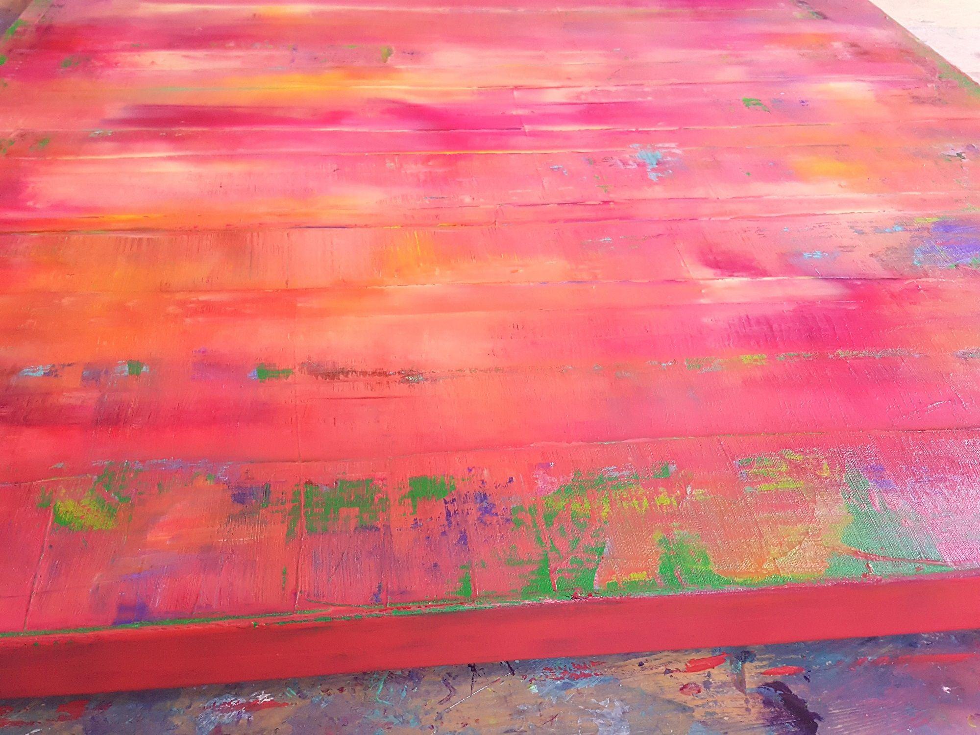 Un originale dipinto a spatola, unico nel suo genere.    Strati di colori luminosi, vividi e caldi.    Sfumature di rosa, magenta, arancio, giallo, in contrasto con il verde.    Acrilici professionali su tela di lino di alta qualità da 400 g/m² con