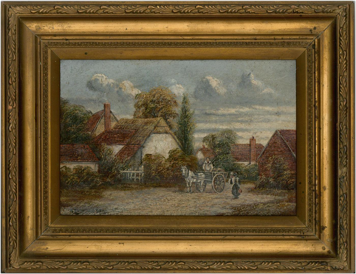 A picturesque village scene with figures beside a horse and cart by listed artist Albert Everard Read. The use of thick impasto has been used to create complex textures in both the sky and trees, typical of the artist's style. Well presented in a