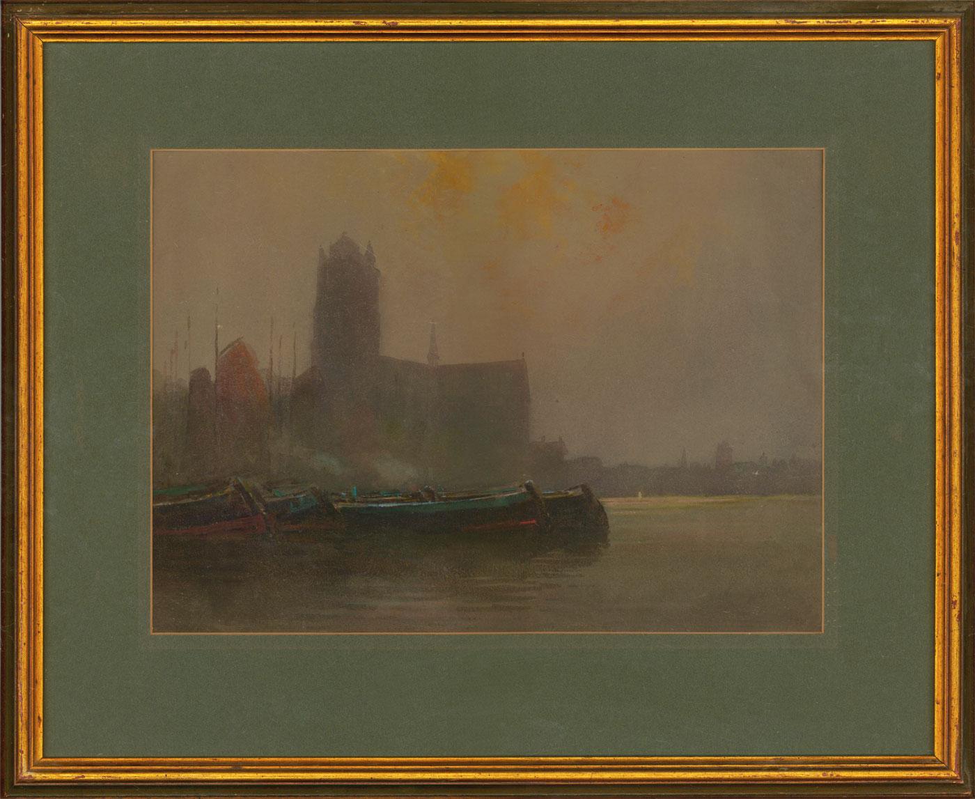 A charming watercolour by the artist Charles Edward Hannaford, depicting a continental church with barges in the foreground. The use of watercolour as a medium perfectly compliments Hannafords expressive yet detailed style, exquisitely portraying