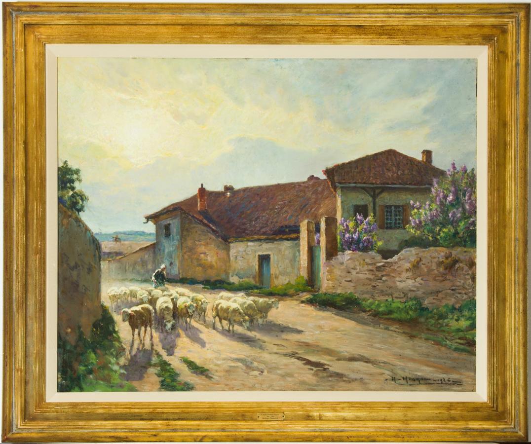 Claude Honoré Hugrel (1880-1944) - Large Signed 1926 Gouache, French Shepherdess
