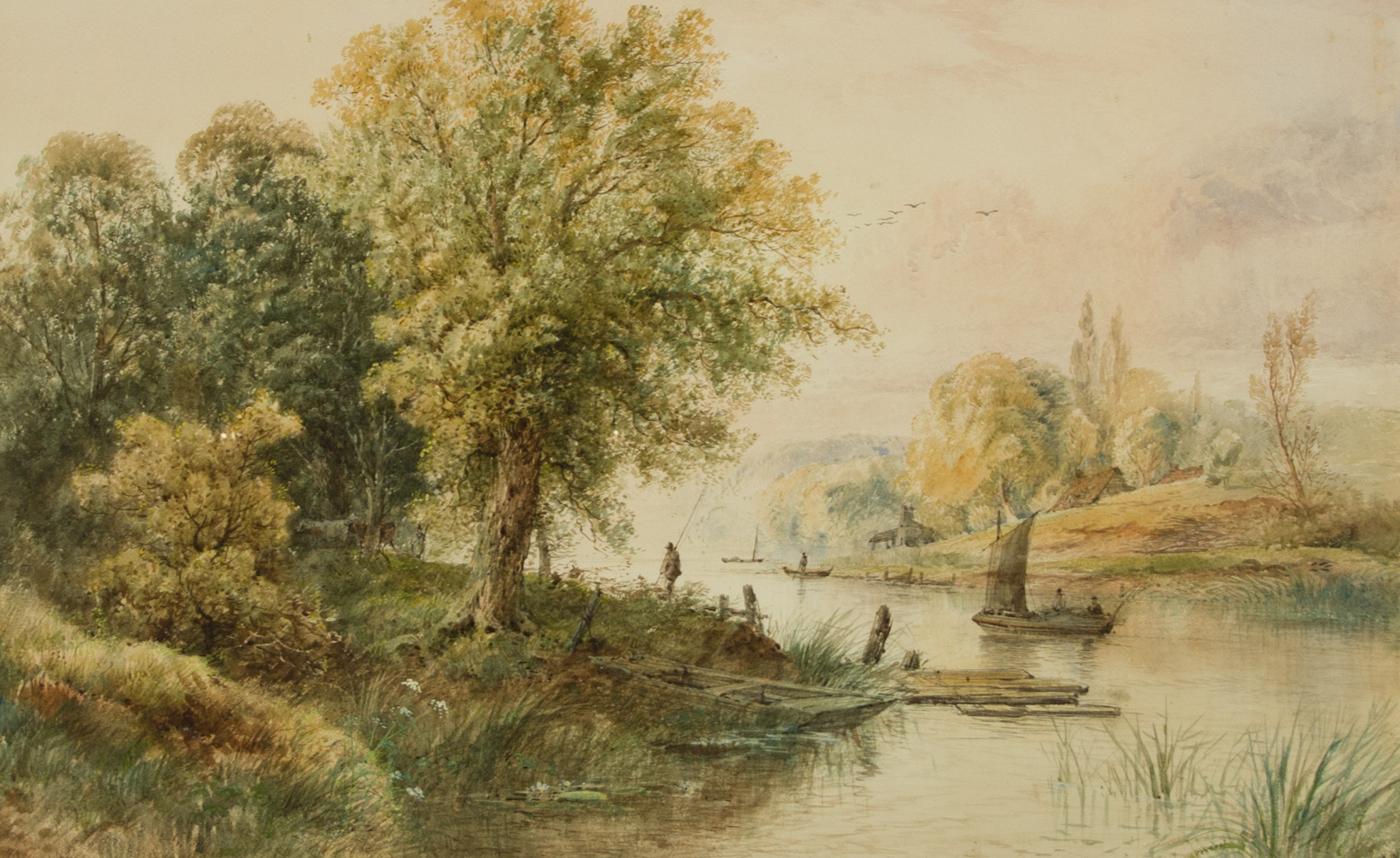 A fine 19th century English School watercolour painting depicting a fishermen in a winding river landscape. With body colour framed in an very large impressive gilt frame. Bears the signature 'Earp' that matches those on record of Edwin Earp